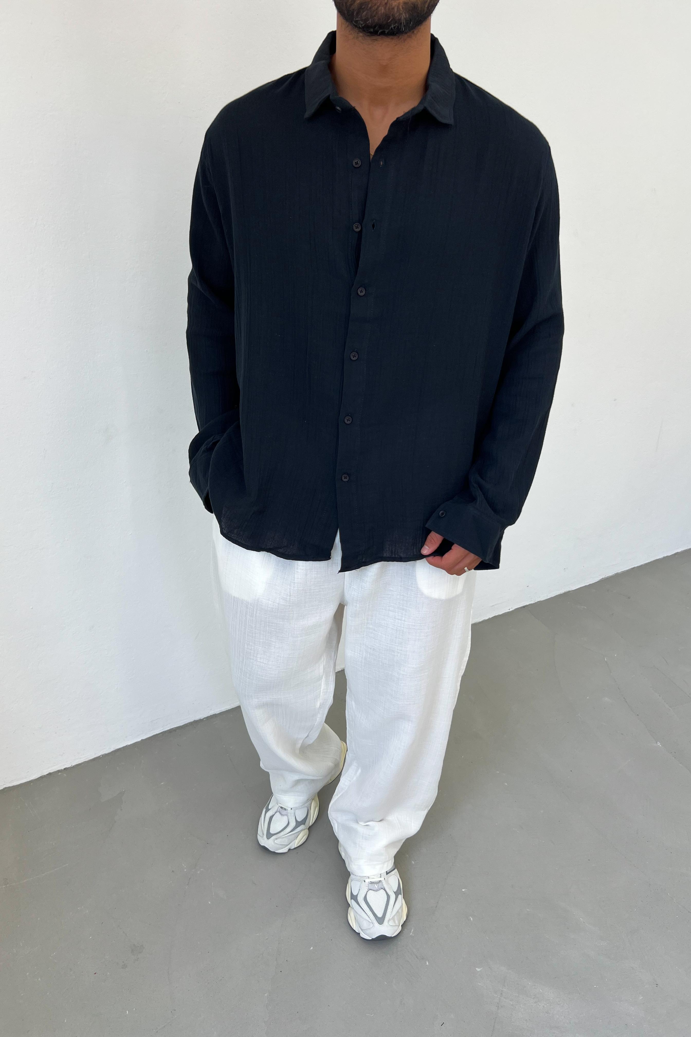 Müslin Kumaş Oversize Gömlek 40-25 - Siyah