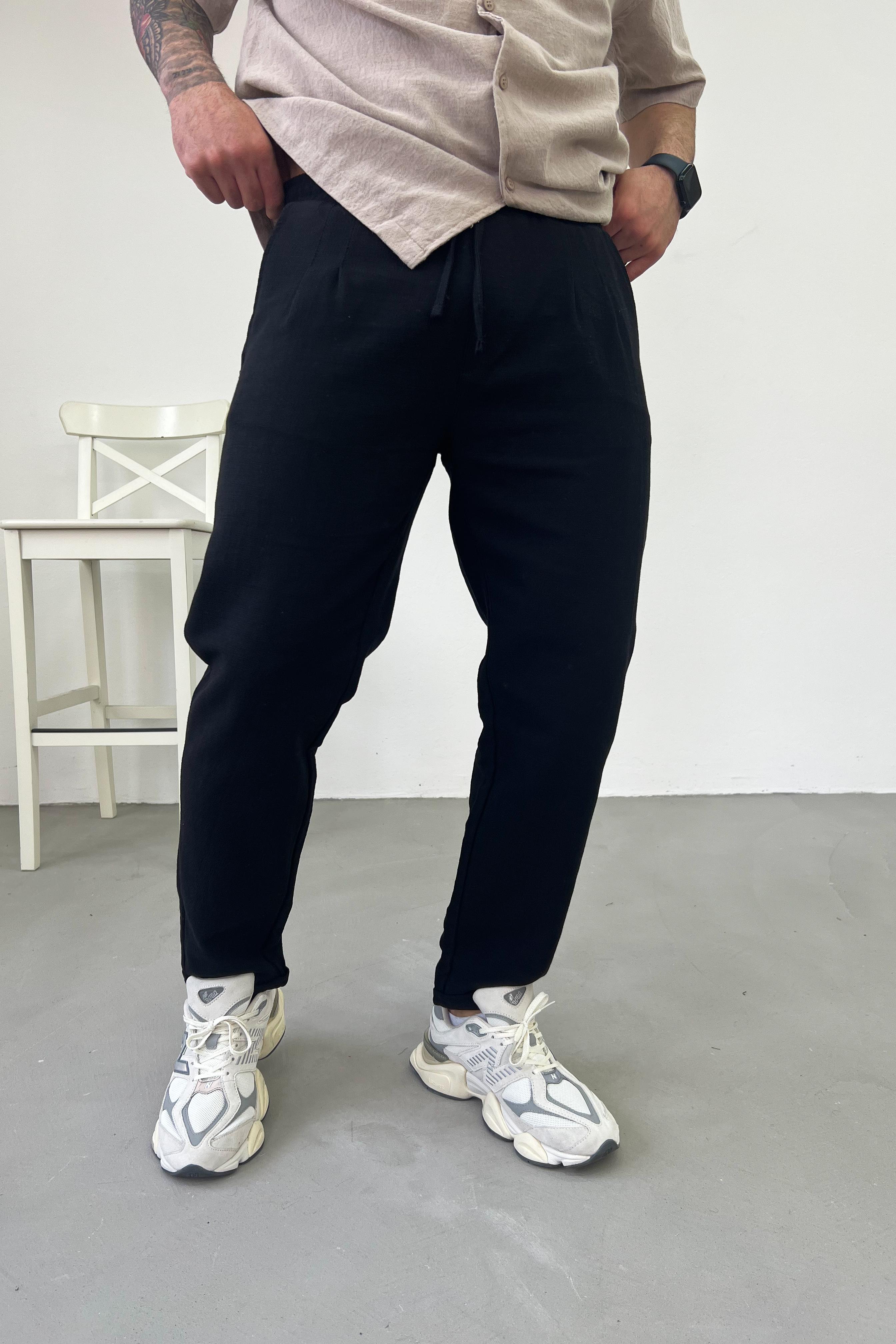 Duble Paça Pileli Keten Pantolon 0010 - Siyah
