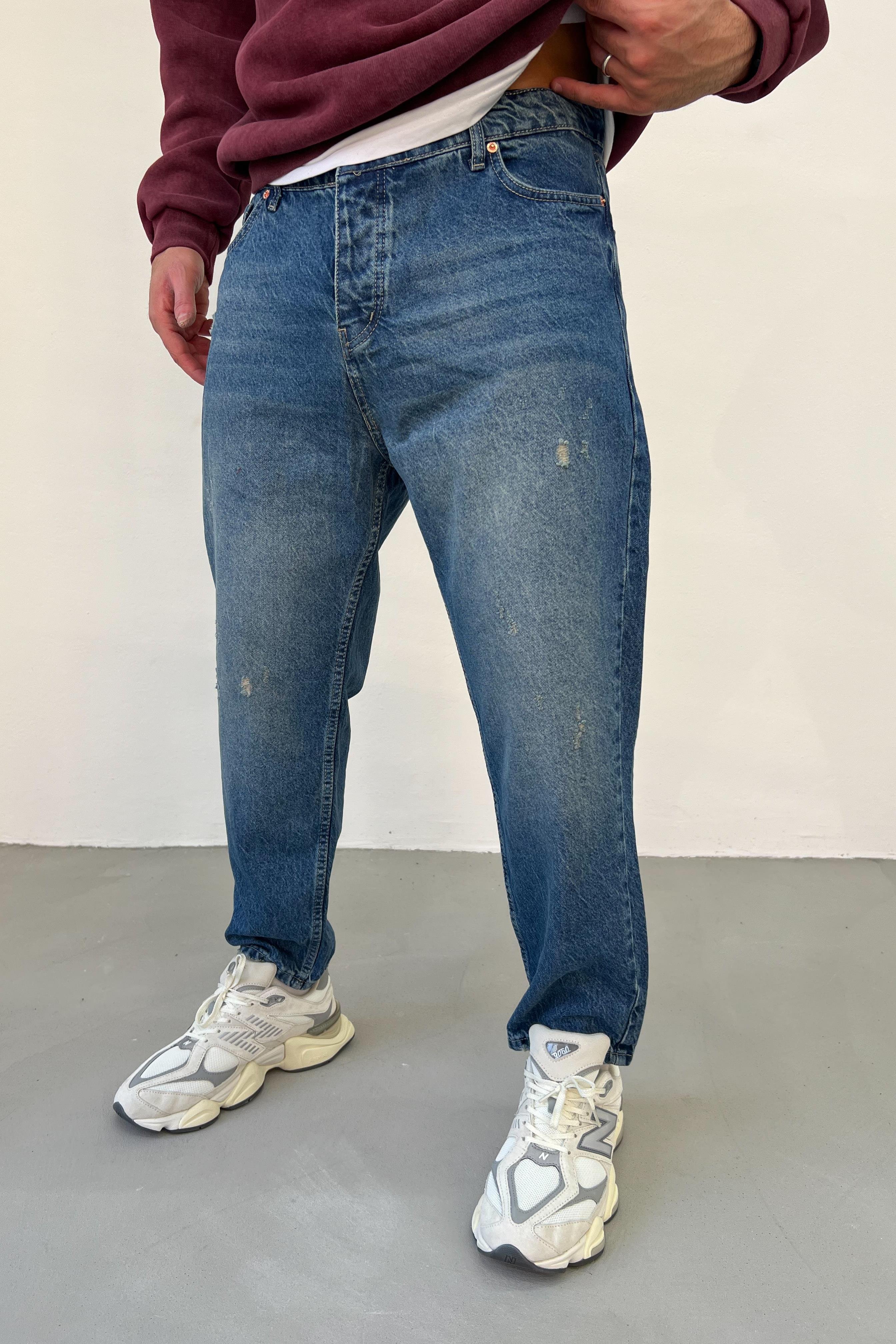 Taşlamalı Eskitme Mavi Boyfriend Pantolon 2706-1