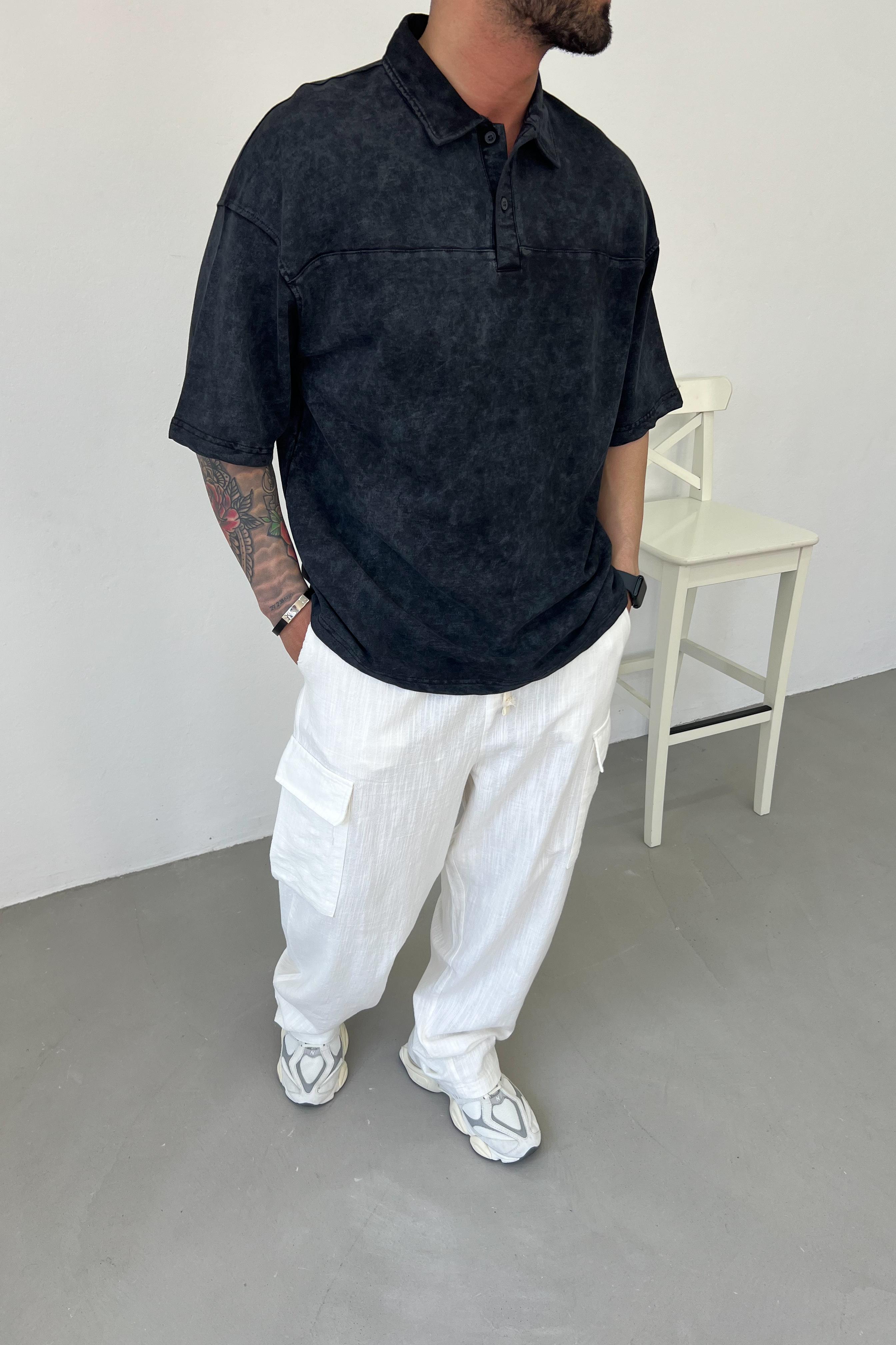 Polo Yaka Yıkamalı Oversize Tshirt 20-47