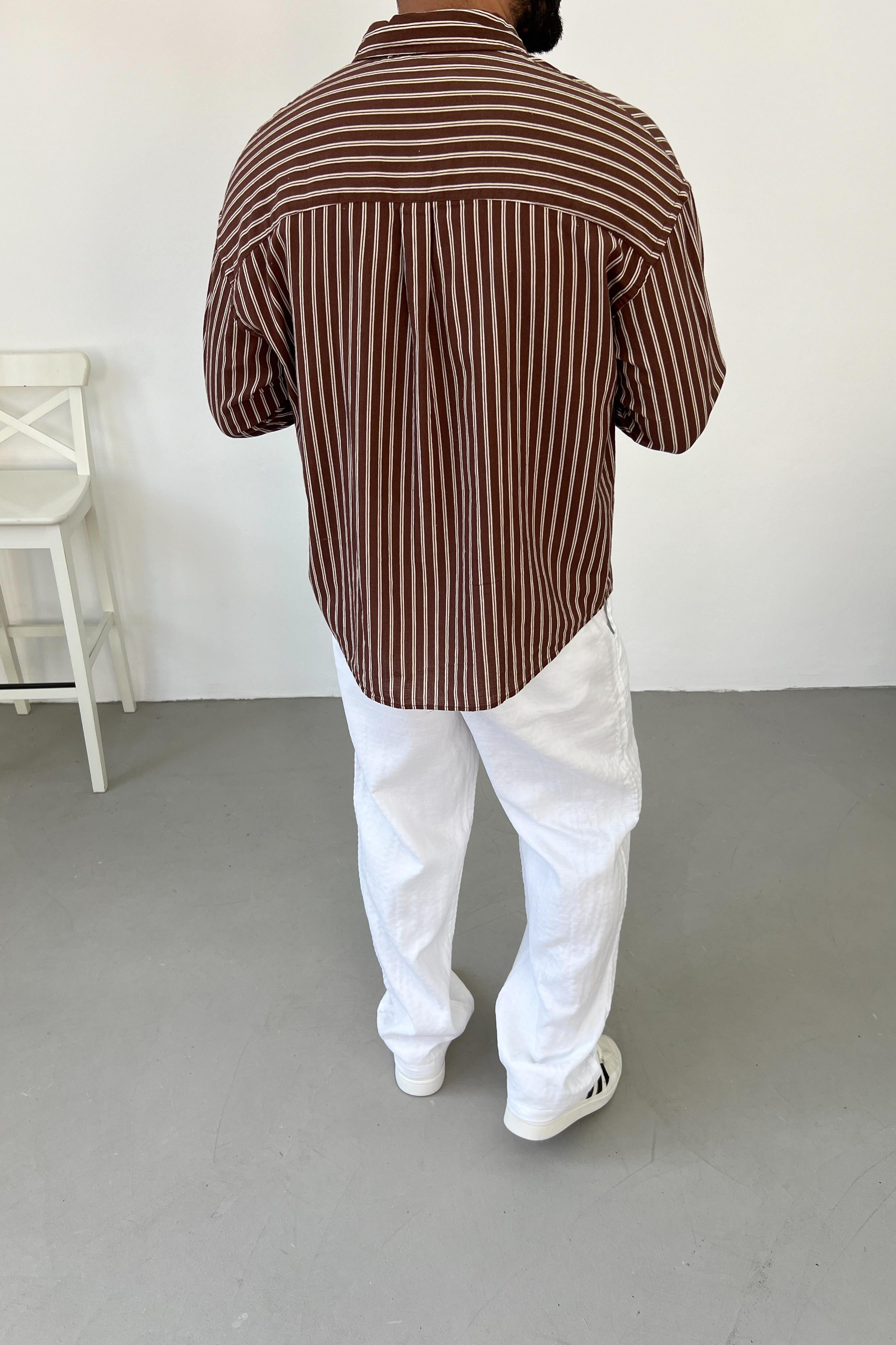 Nakış Detaylı Çift Çizgili Kahve Oversize Gömlek 5389