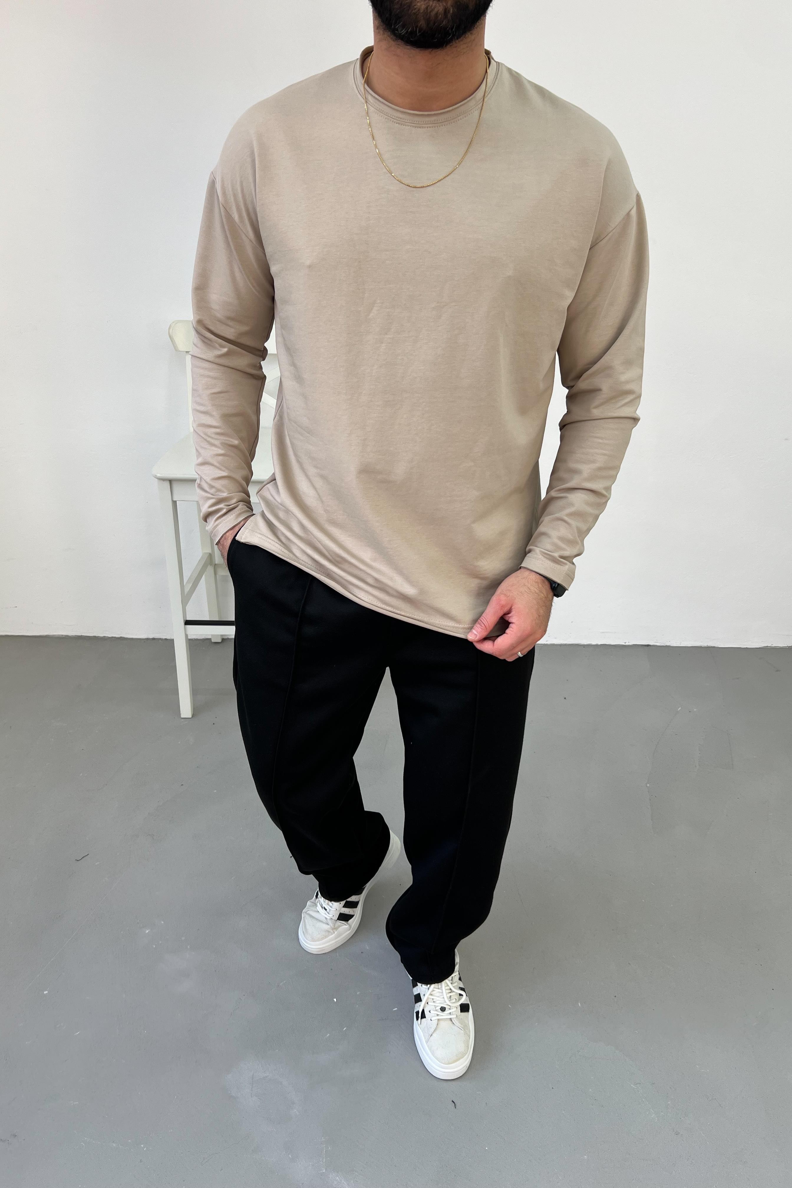 2 İplik Bej Oversize Basic Sweatshirt 0595