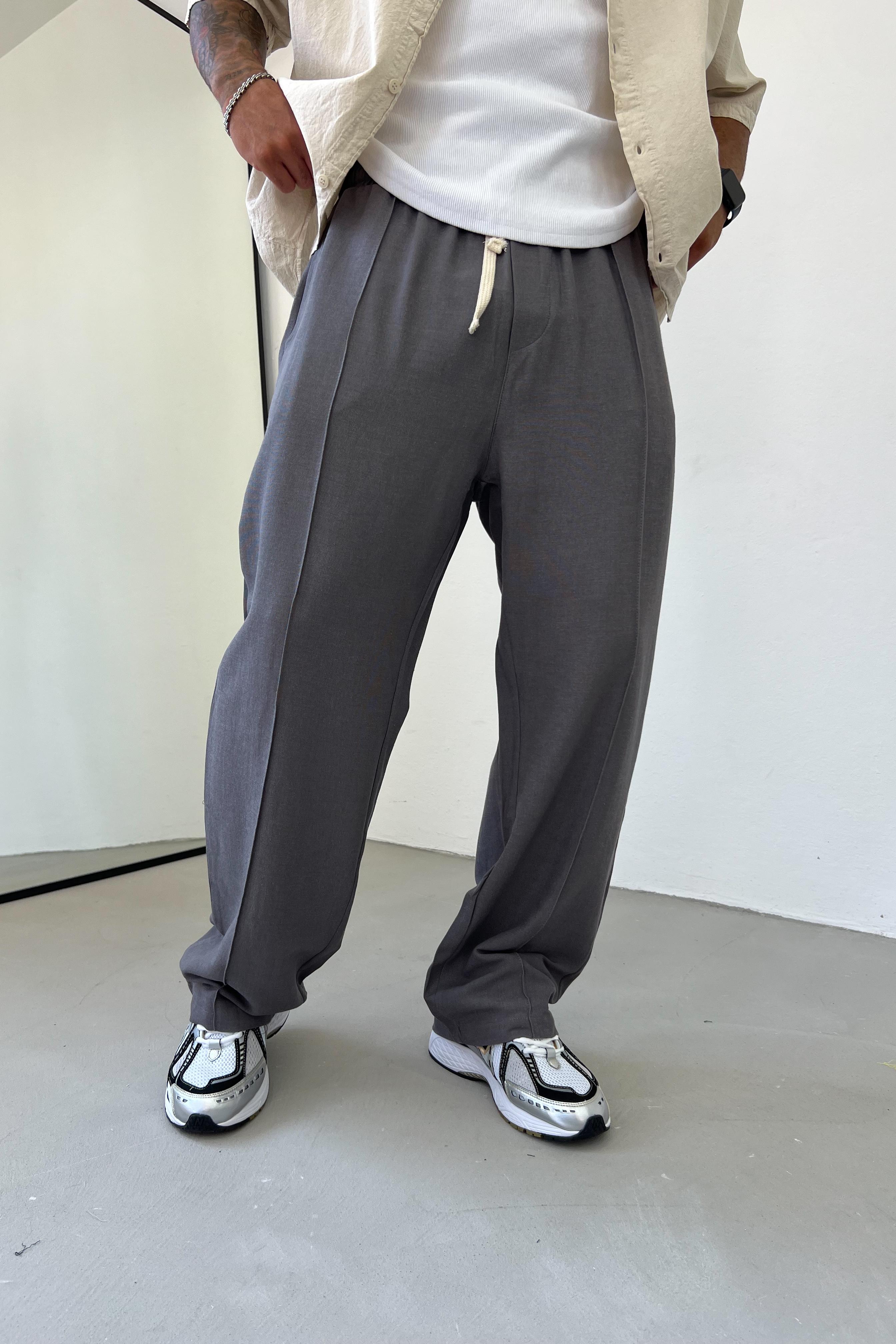Dikiş Detaylı Keten Baggy Pantolon 40-16 - Gri