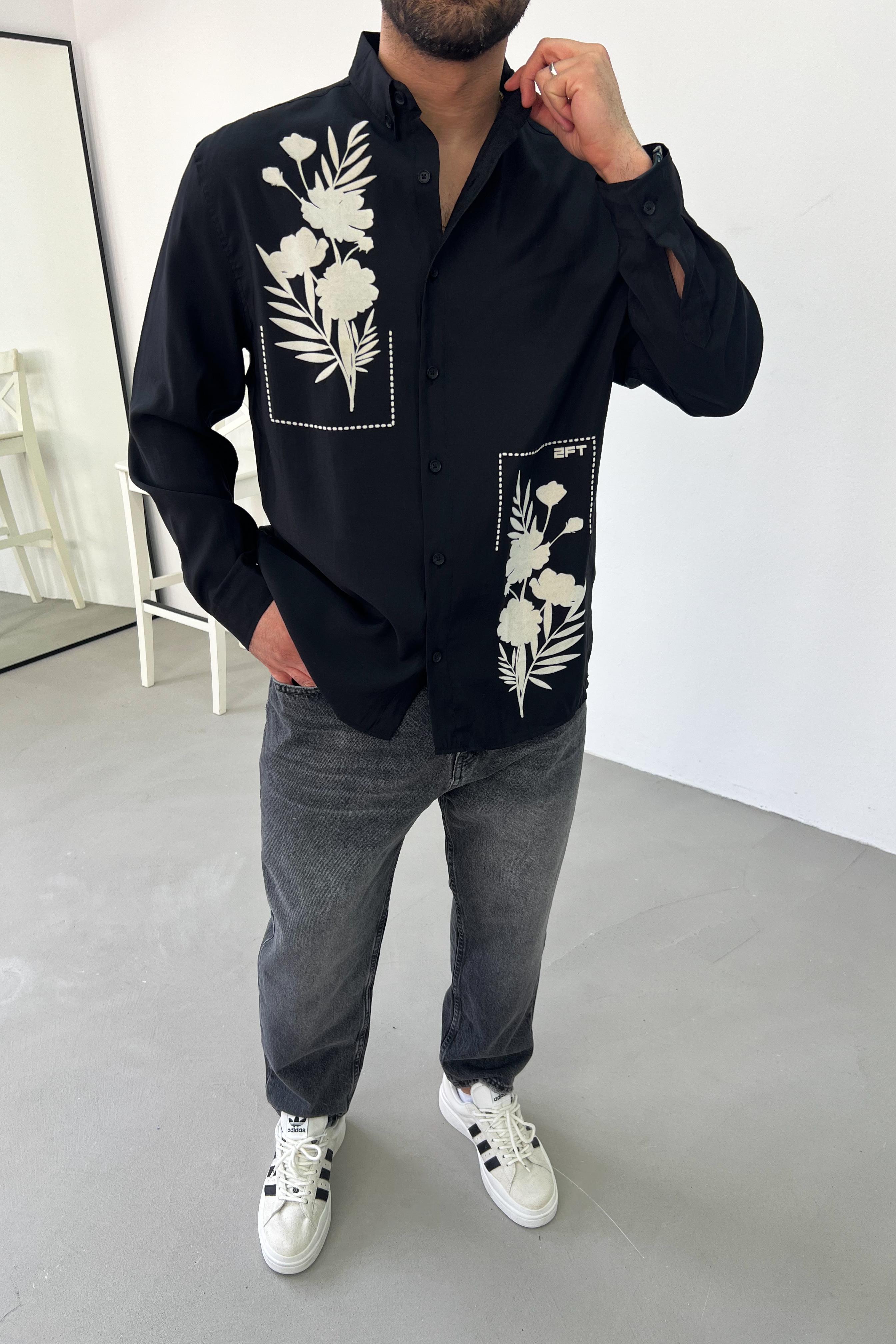 Flok Baskılı Oversize Gömlek 1110 - Siyah