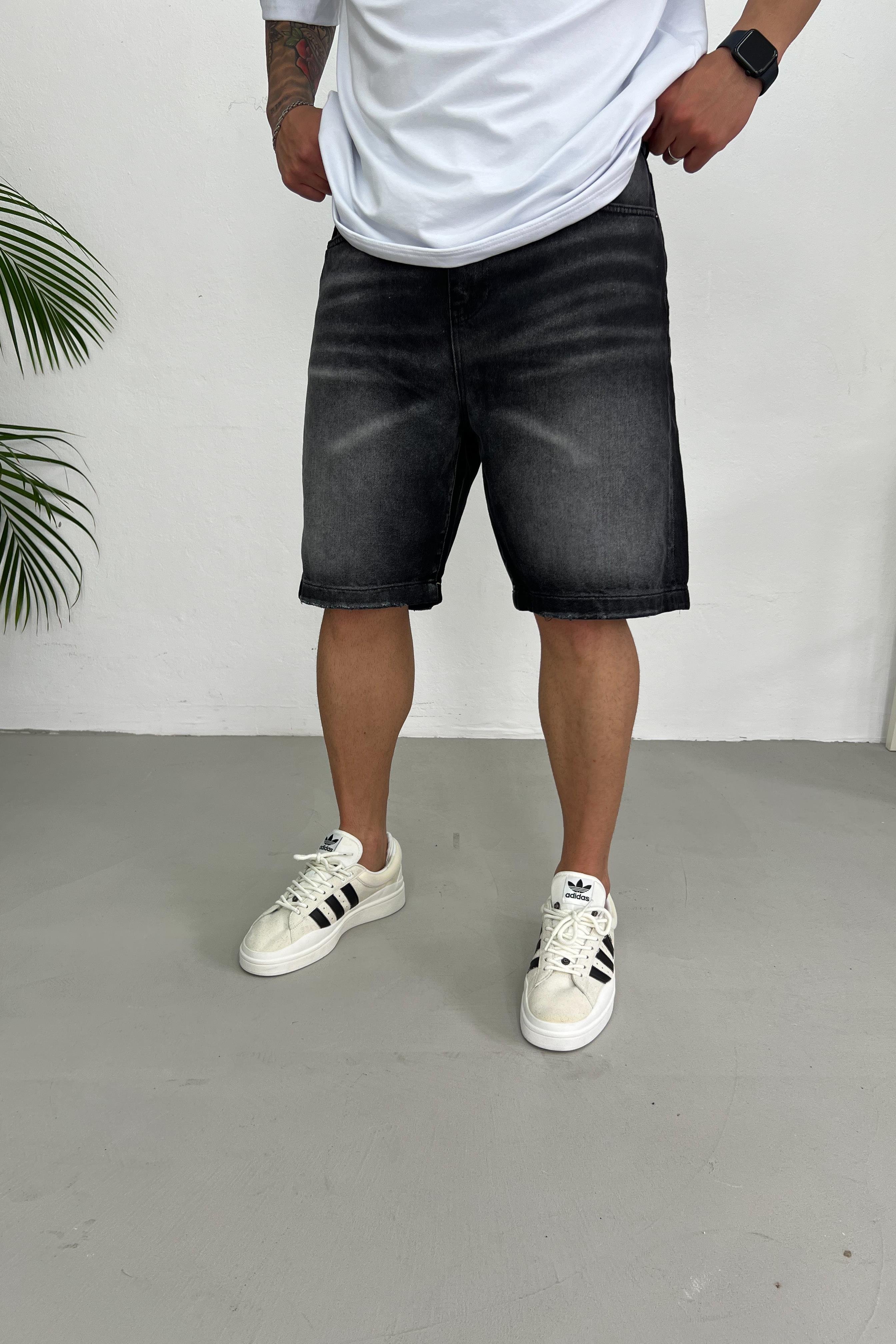 Relaxed Fit Taşlamalı Antrasit Kot Şort 304