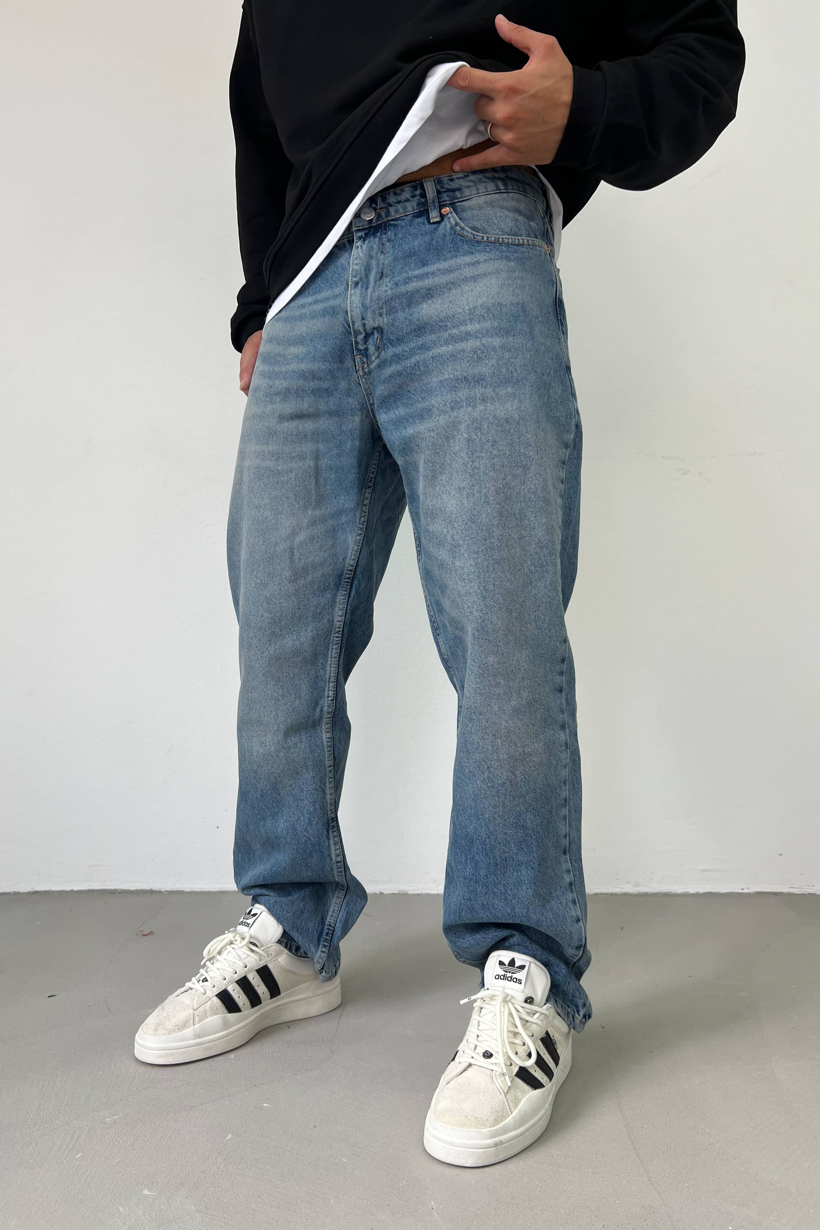 Taşlamalı Eskitme Mavi Baggy Pantolon 7358