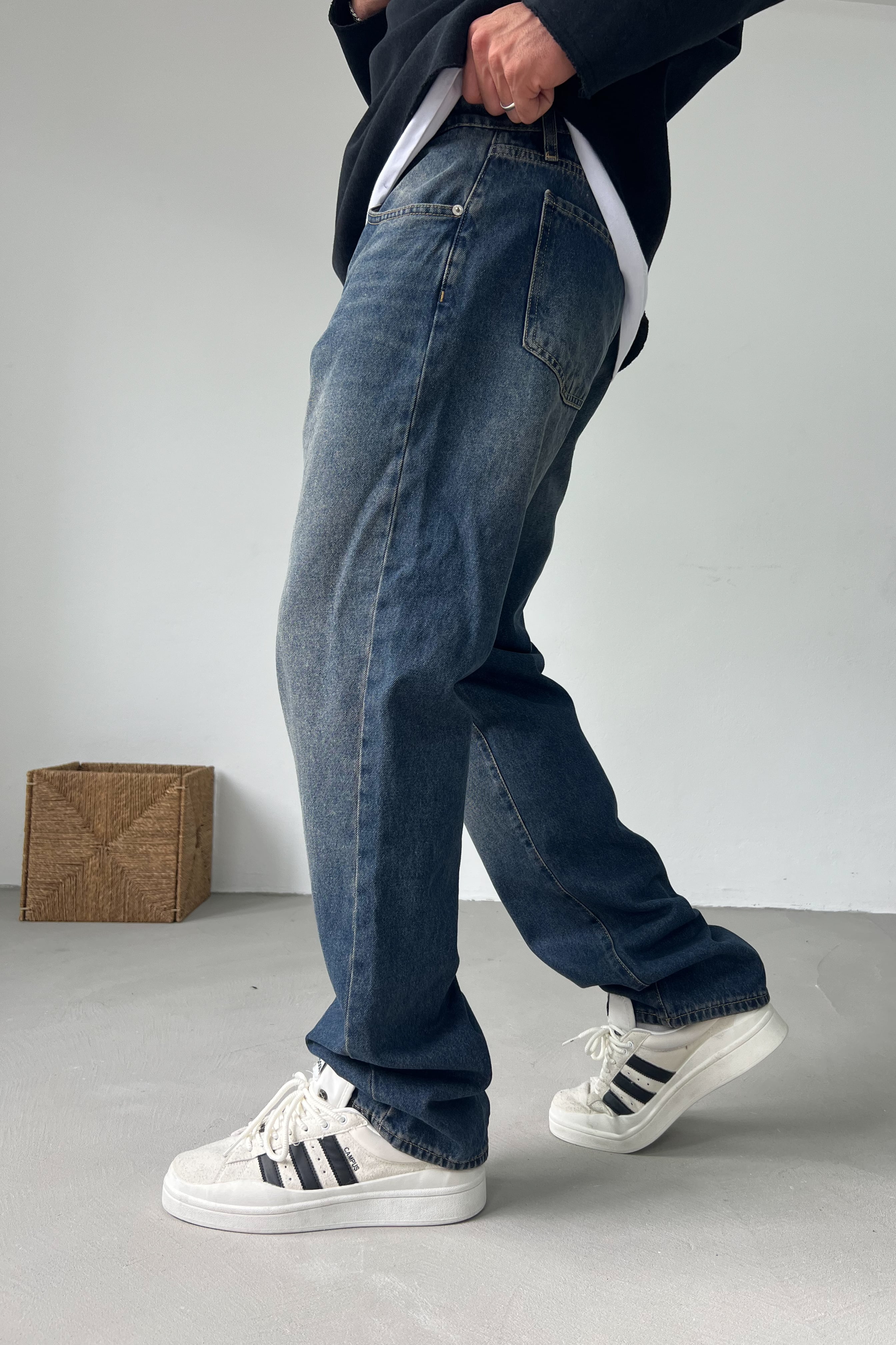 Taşlamalı Koyu Mavi Baggy Pantolon 16902-2