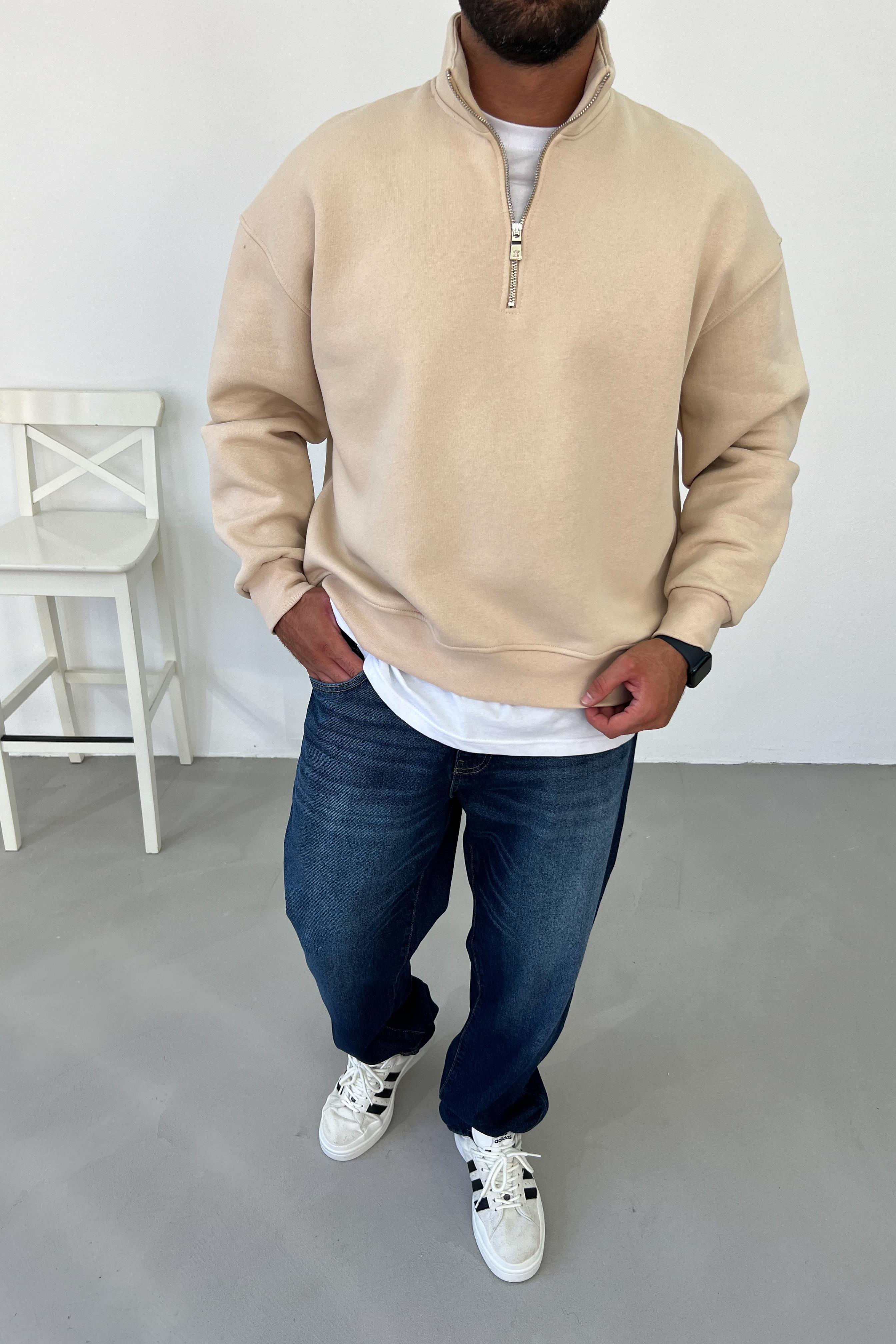 Yakası Fermuarlı Bej Oversize Sweatshirt 315