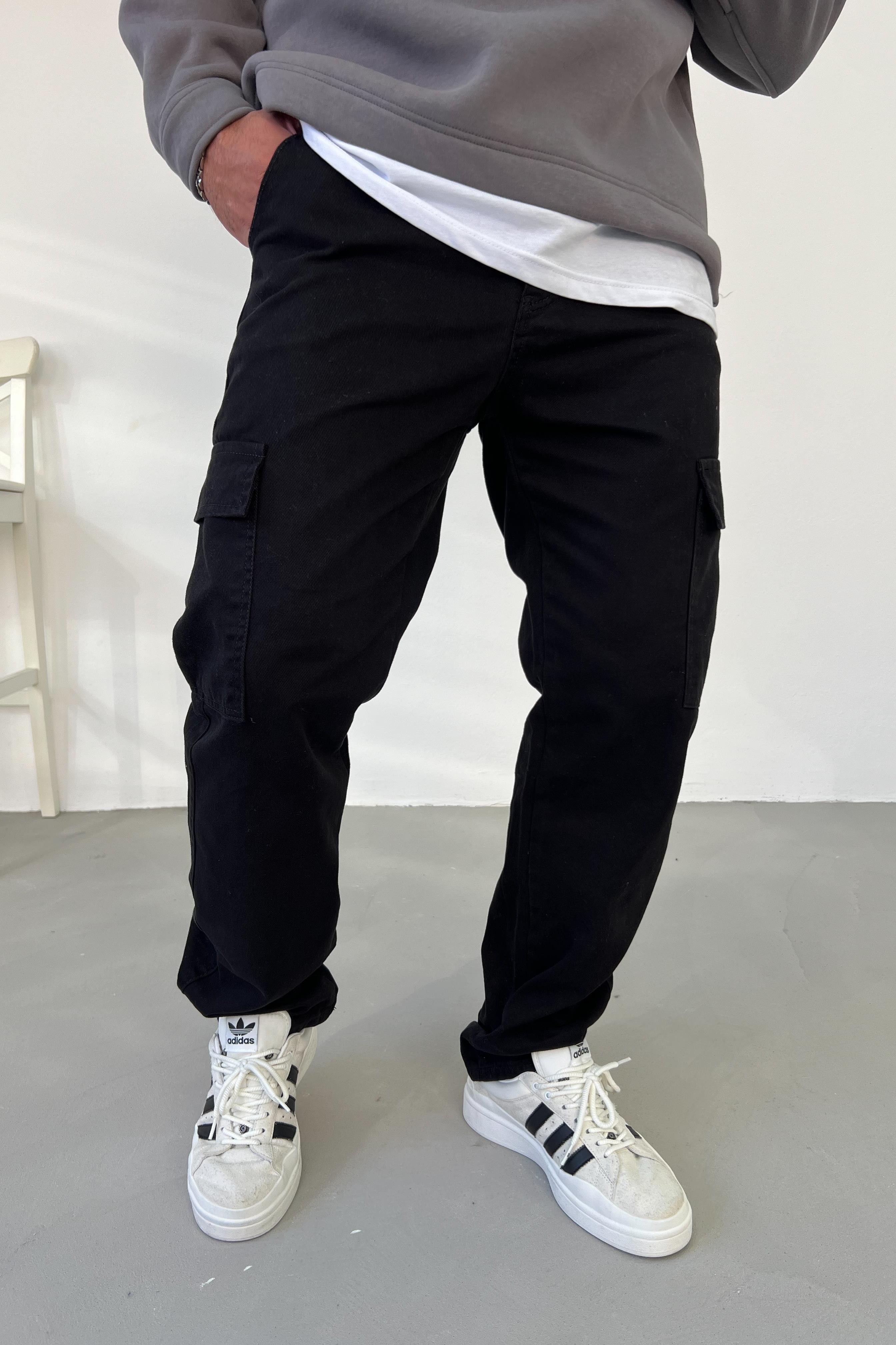 Gabardin Kumaş Siyah Kargo Baggy Pantolon 2225