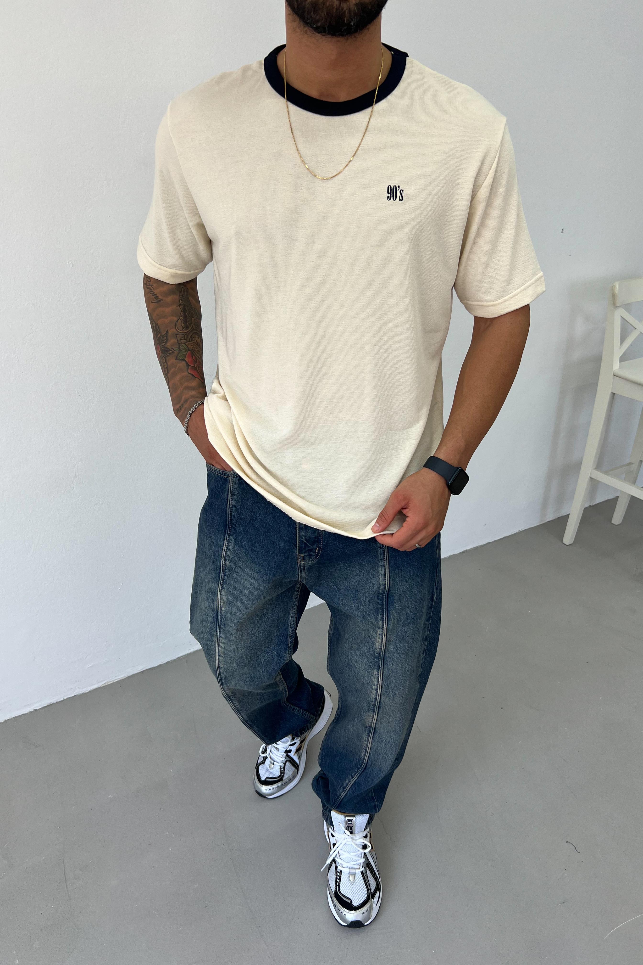 90's Nakışlı Hafif Bol Kesim Tshirt 2532 - Bej