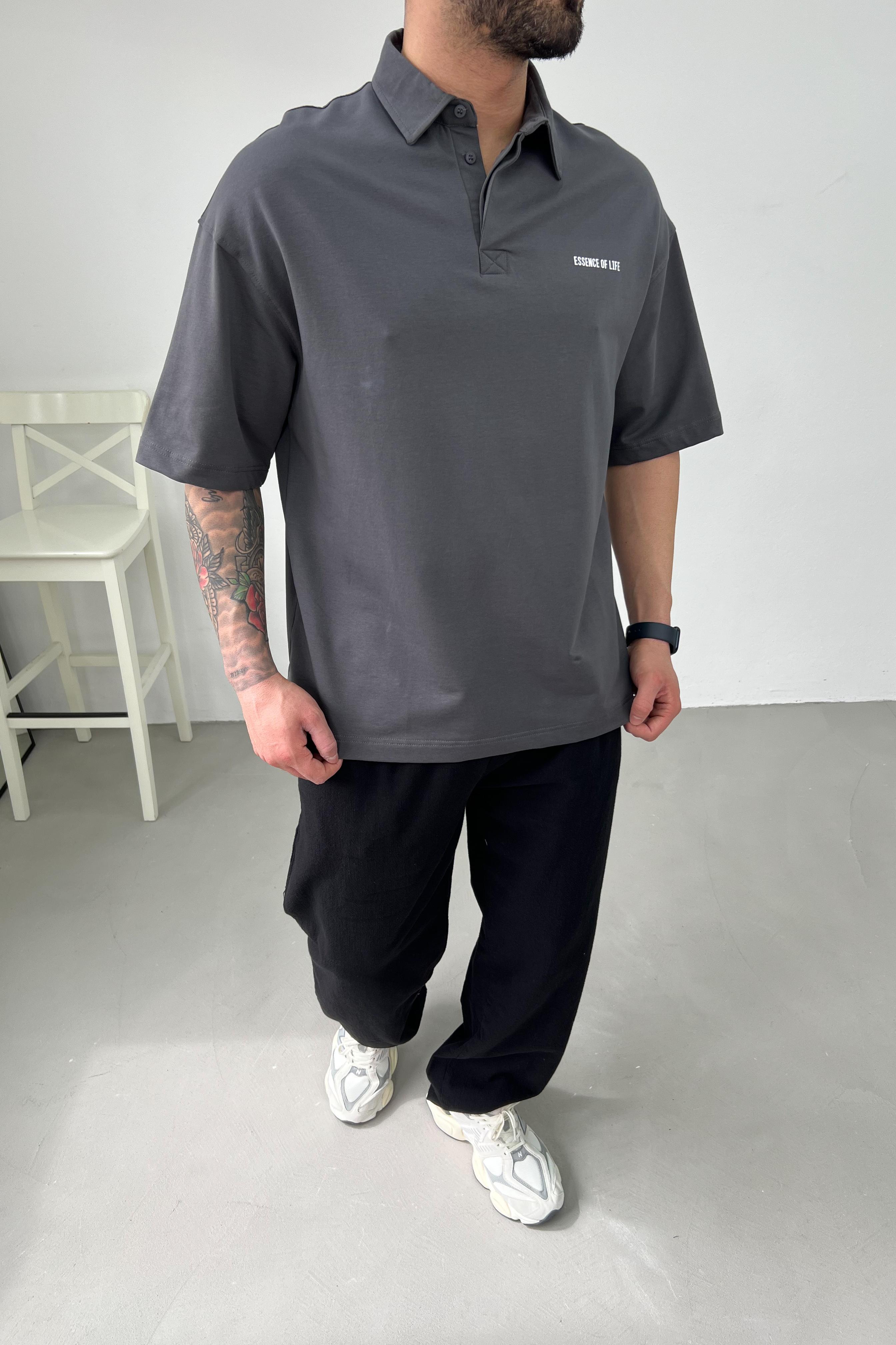 Göğüs Yazı Detaylı Polo Yaka Oversize Tshirt E71-25