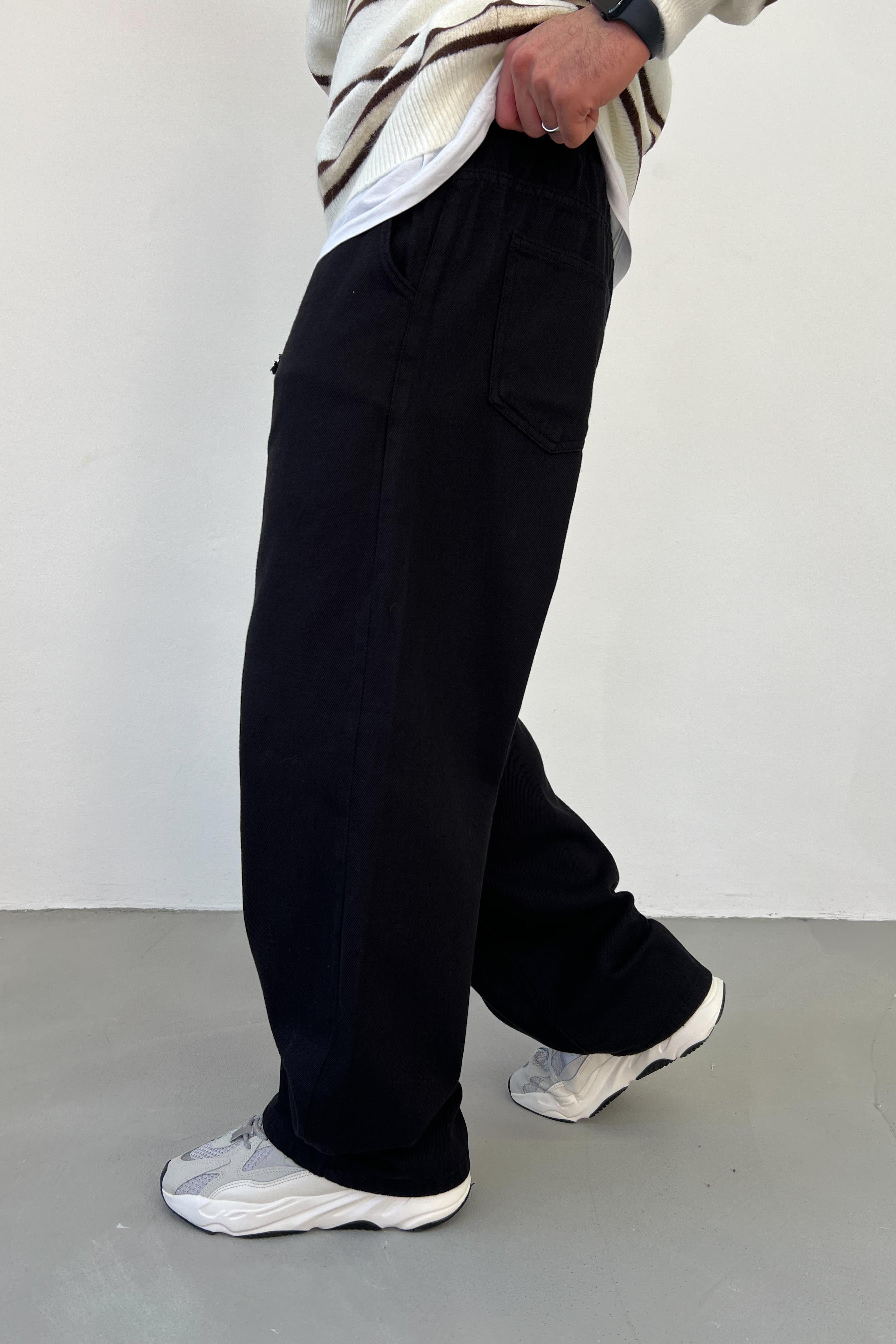 Beli Lastikli Gabardin Kumaş Siyah Baggy Pantolon 2870-1