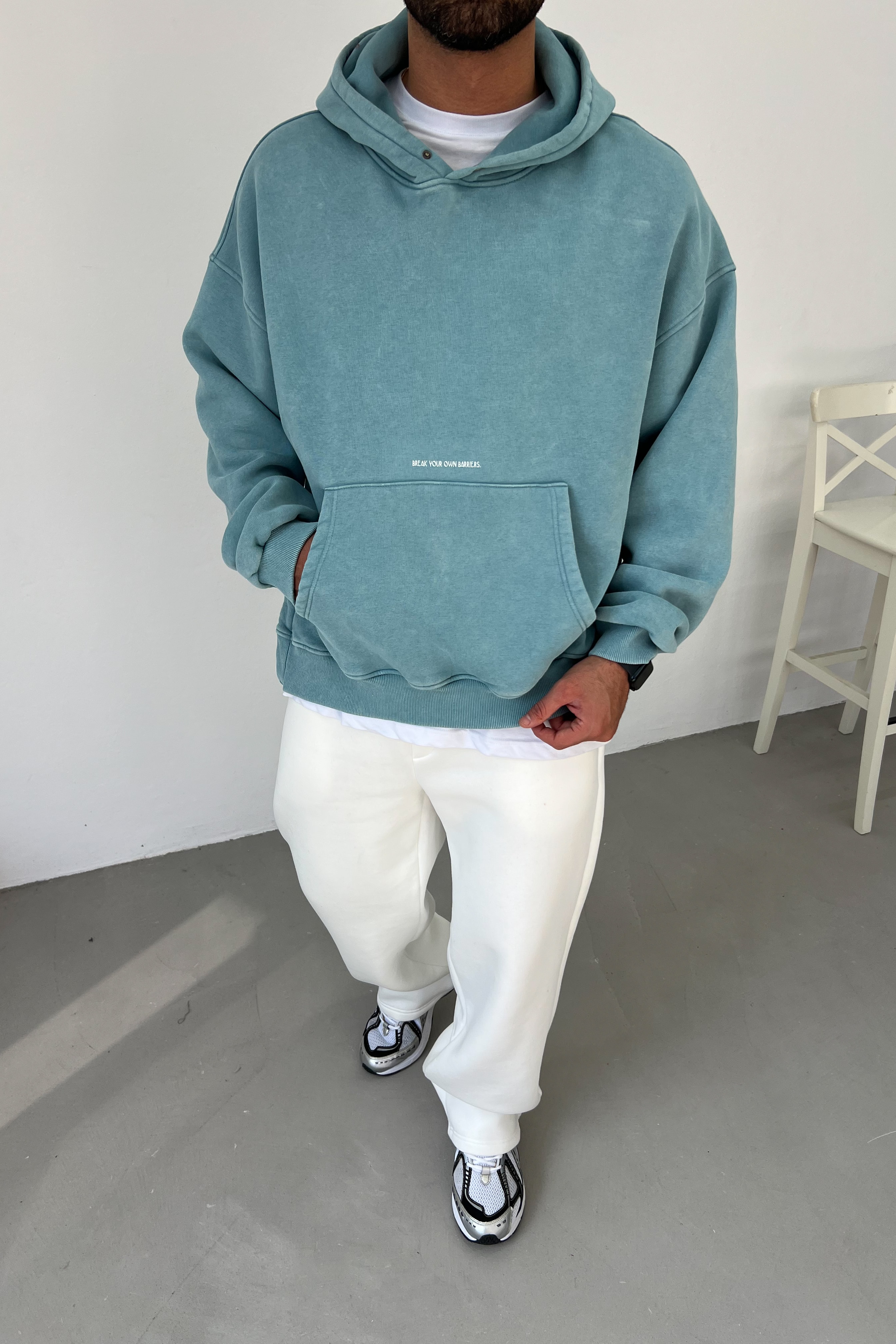 Çıt Çıt Düğme Detaylı Yıkamalı Kapüşonlu Sweatshirt 80-18 - Mavi