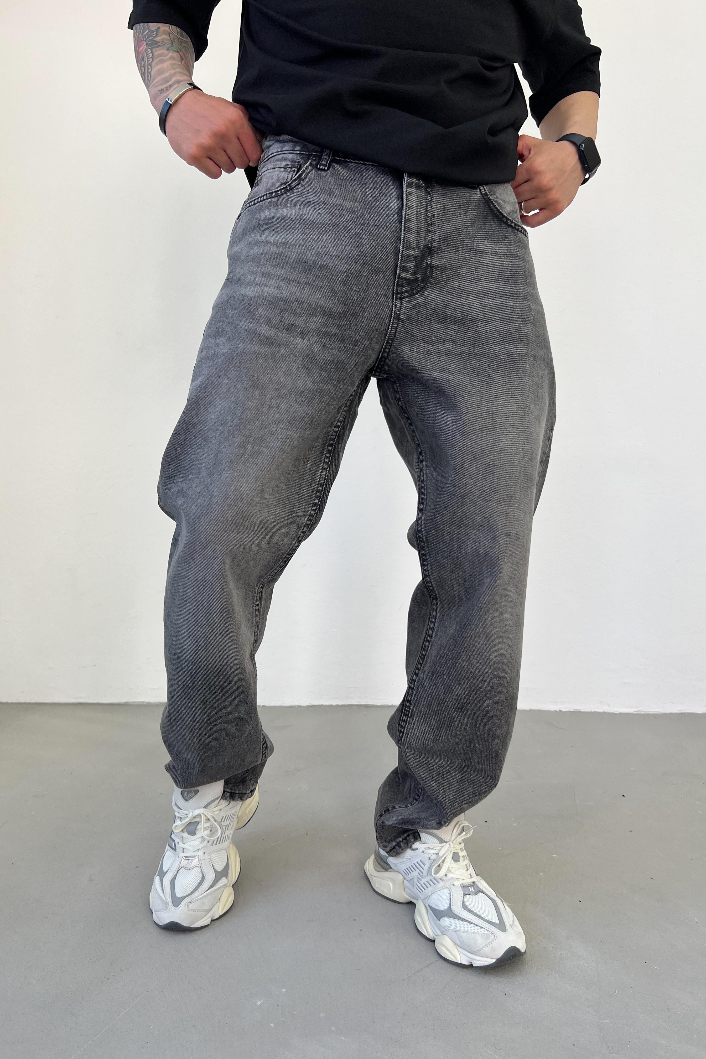 Taşlamalı Antrasit Baggy Pantolon 7343