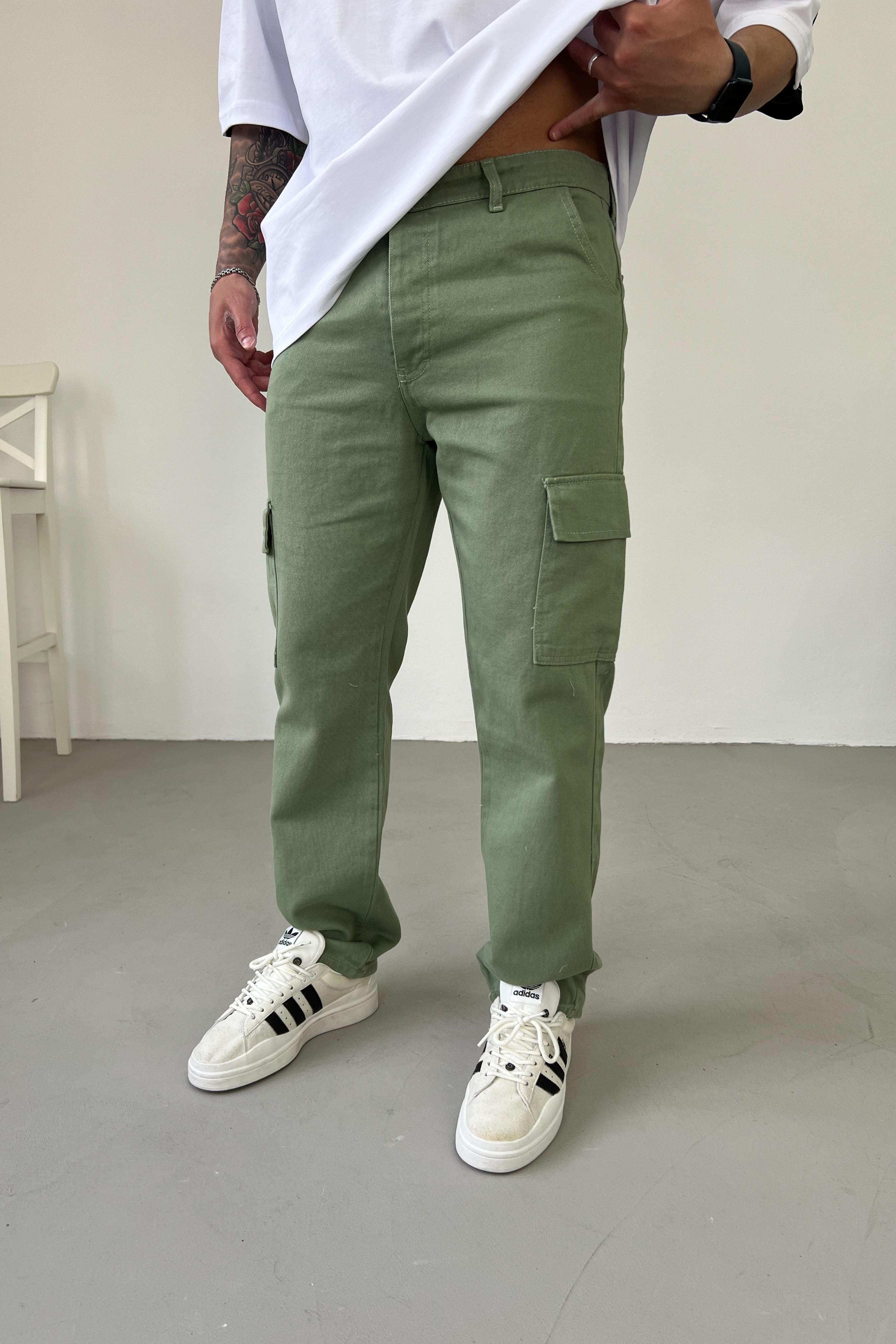 Gabardin Kumaş Yeşil Kargo Baggy Pantolon 2225