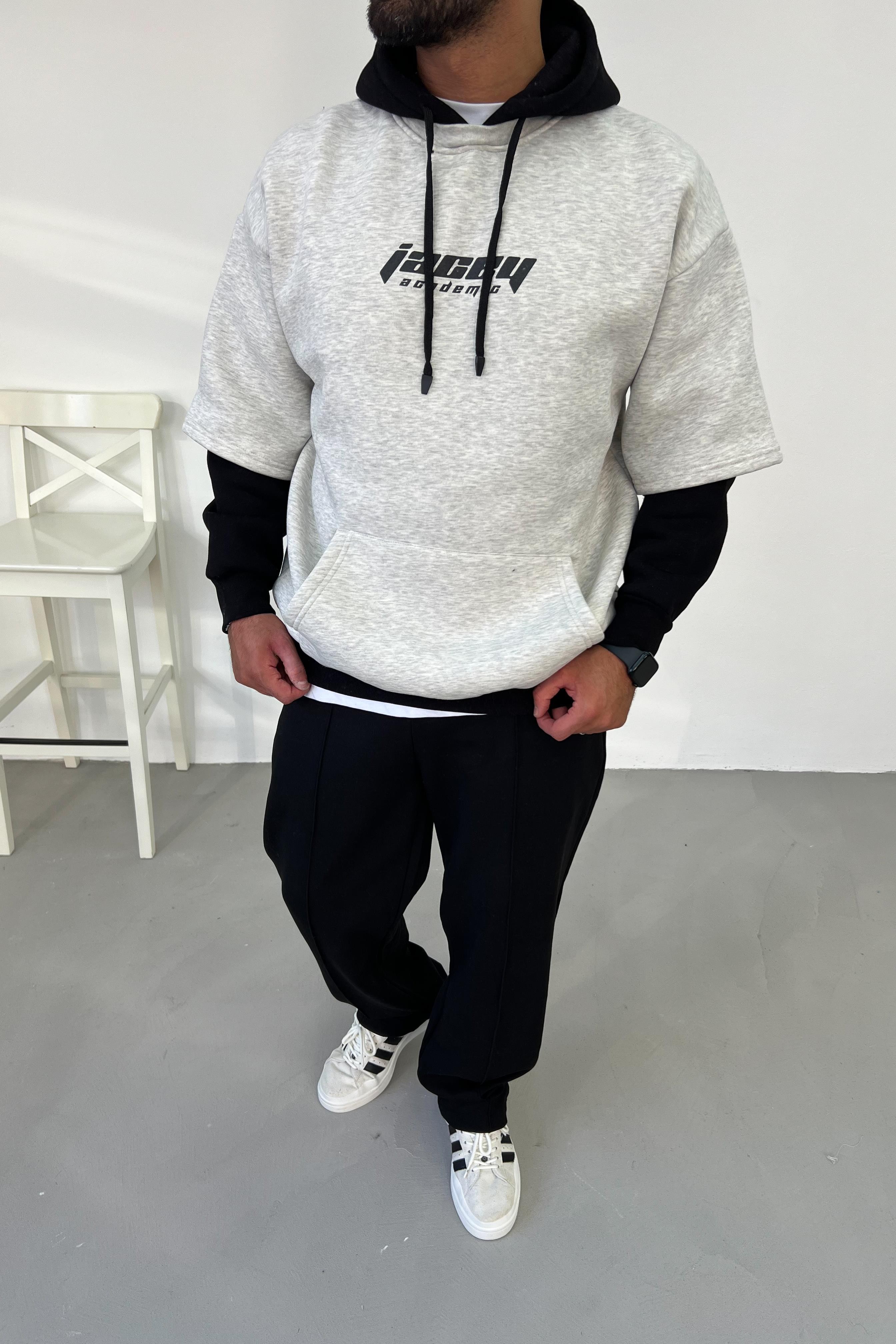 Siyah Parçalı Gri Oversize Sweatshirt 1377