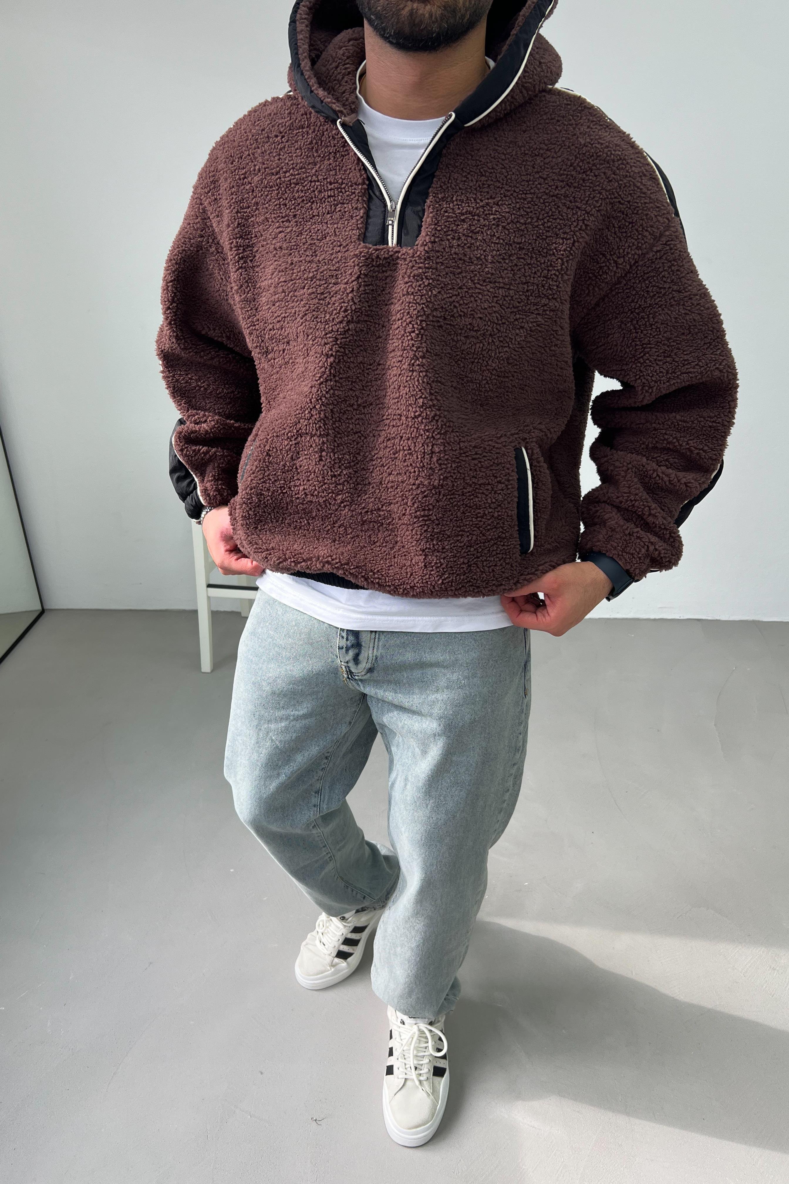 Yakası Fermuarlı Oversize Kahve Peluş Sweatshirt 1631