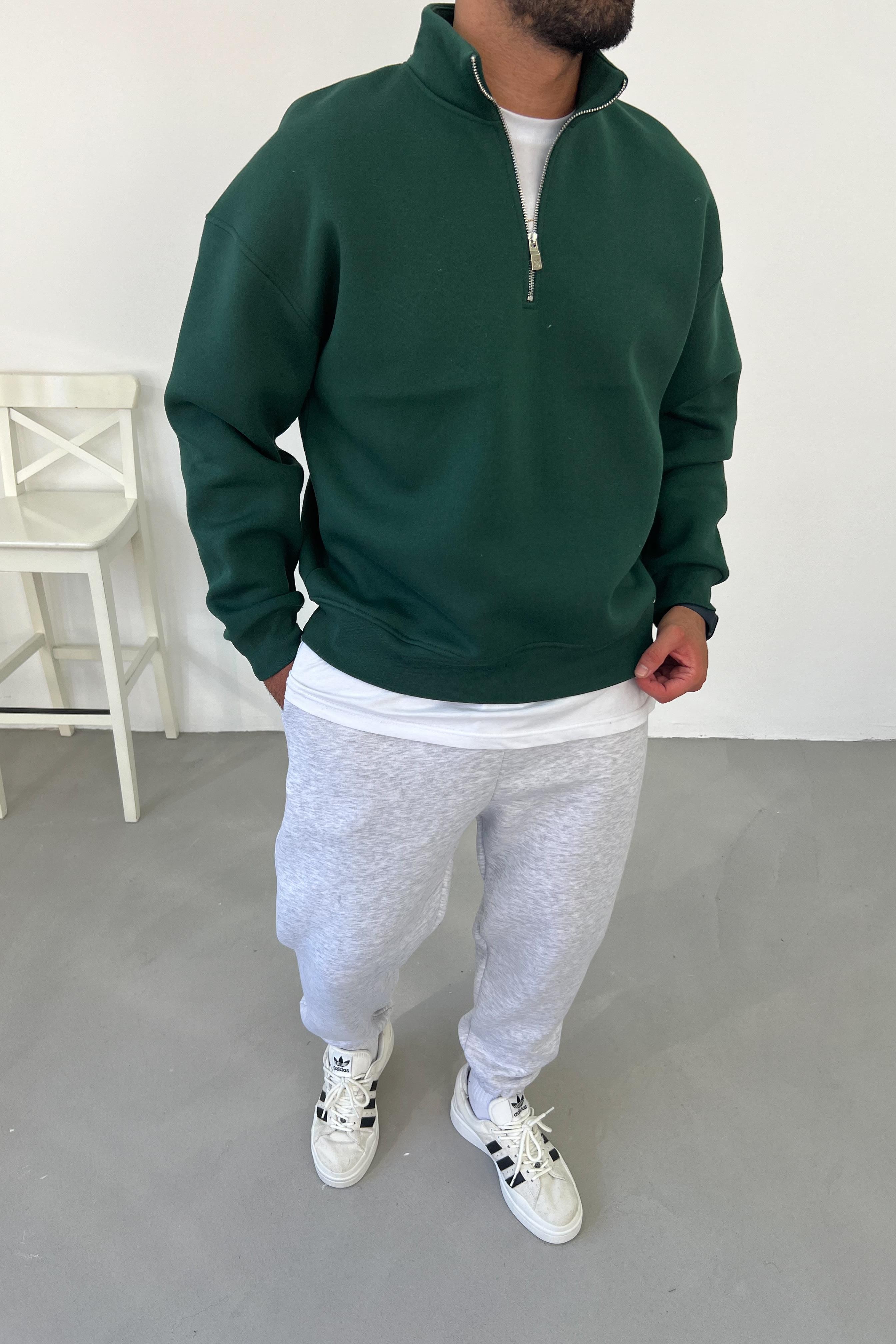 Yakası Fermuarlı Yeşil Oversize Sweatshirt 315