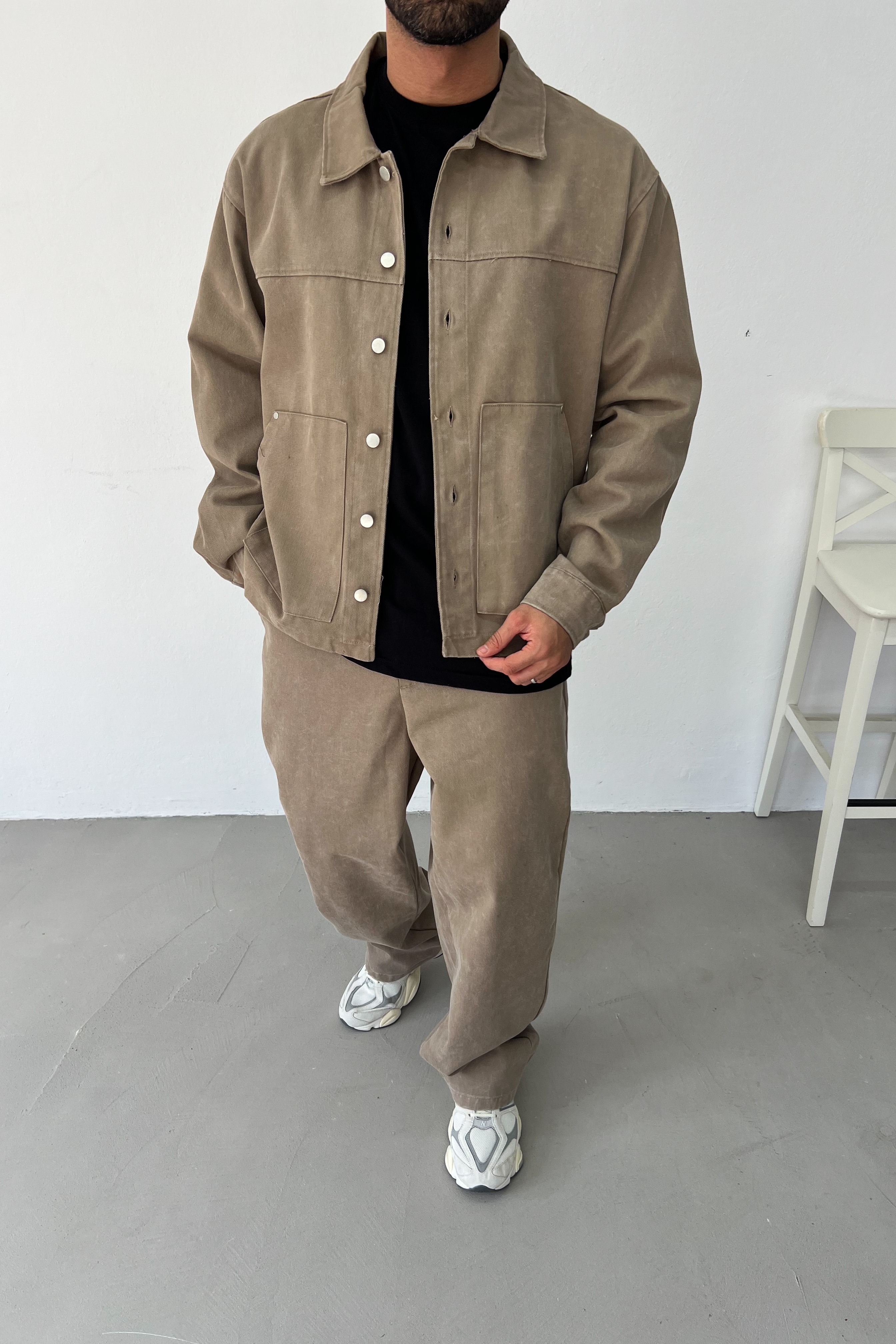 Yıkamalı Basic Oversize Kot Takım 90-04 - Kahve
