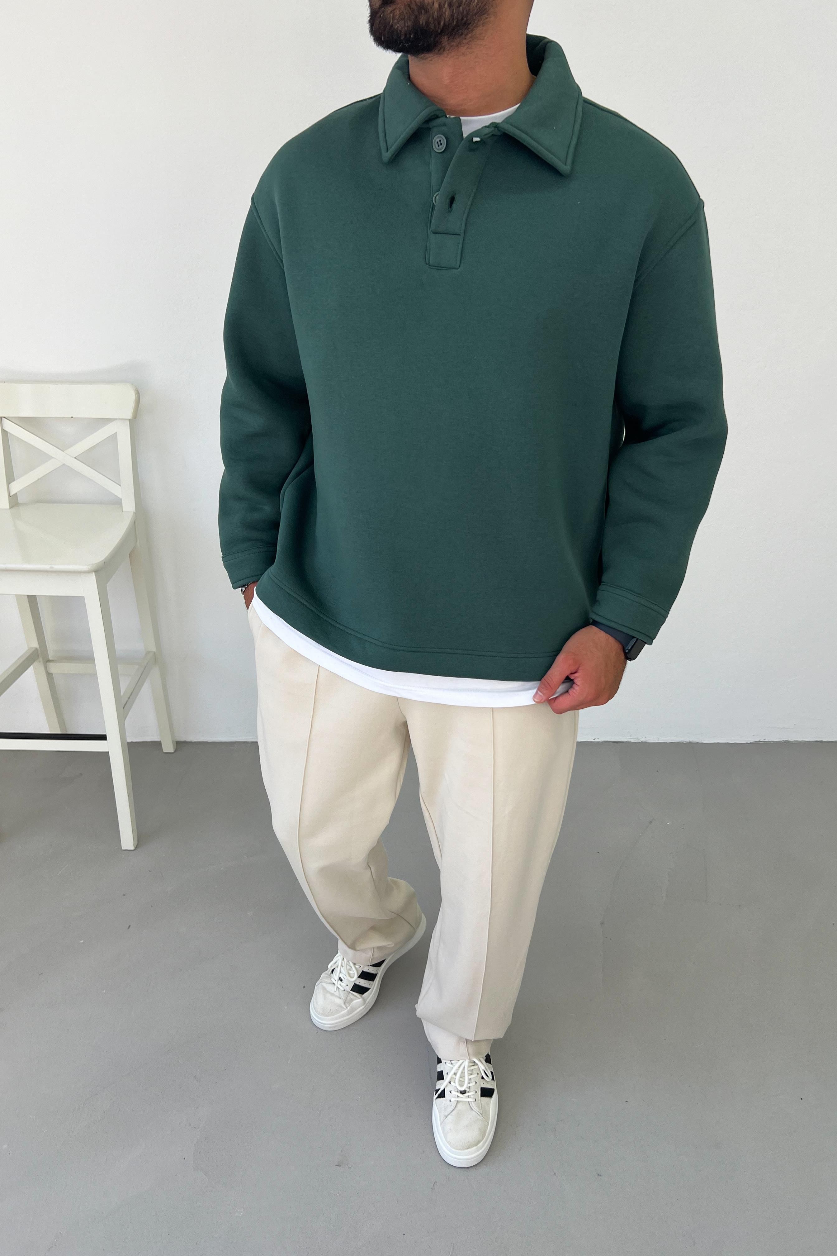 Basic Polo Yaka Koyu Yeşil Oversize Sweatshirt 1562