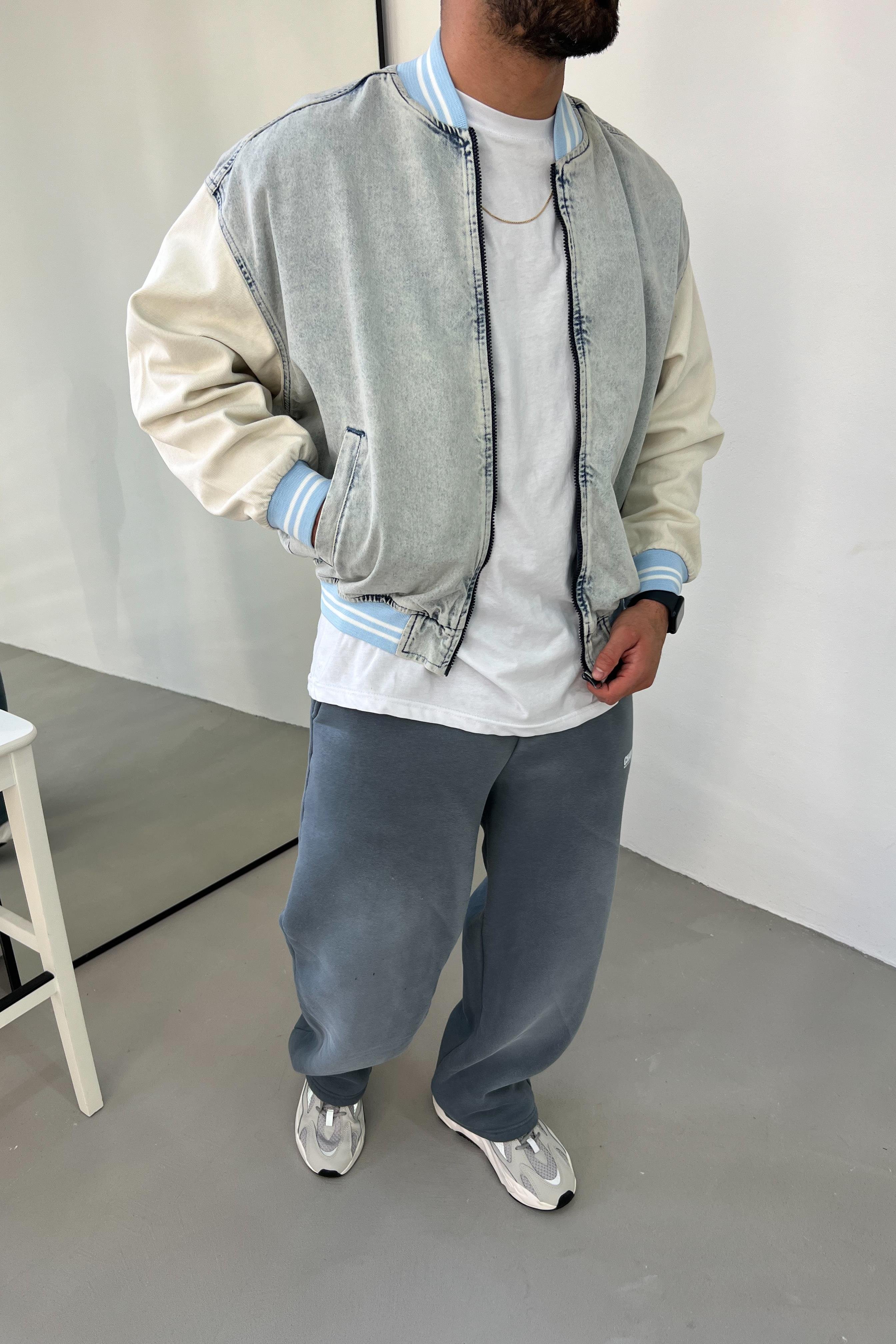 Kolu Parçalı Oversize Mavi Bomber Ceket 16557-STD