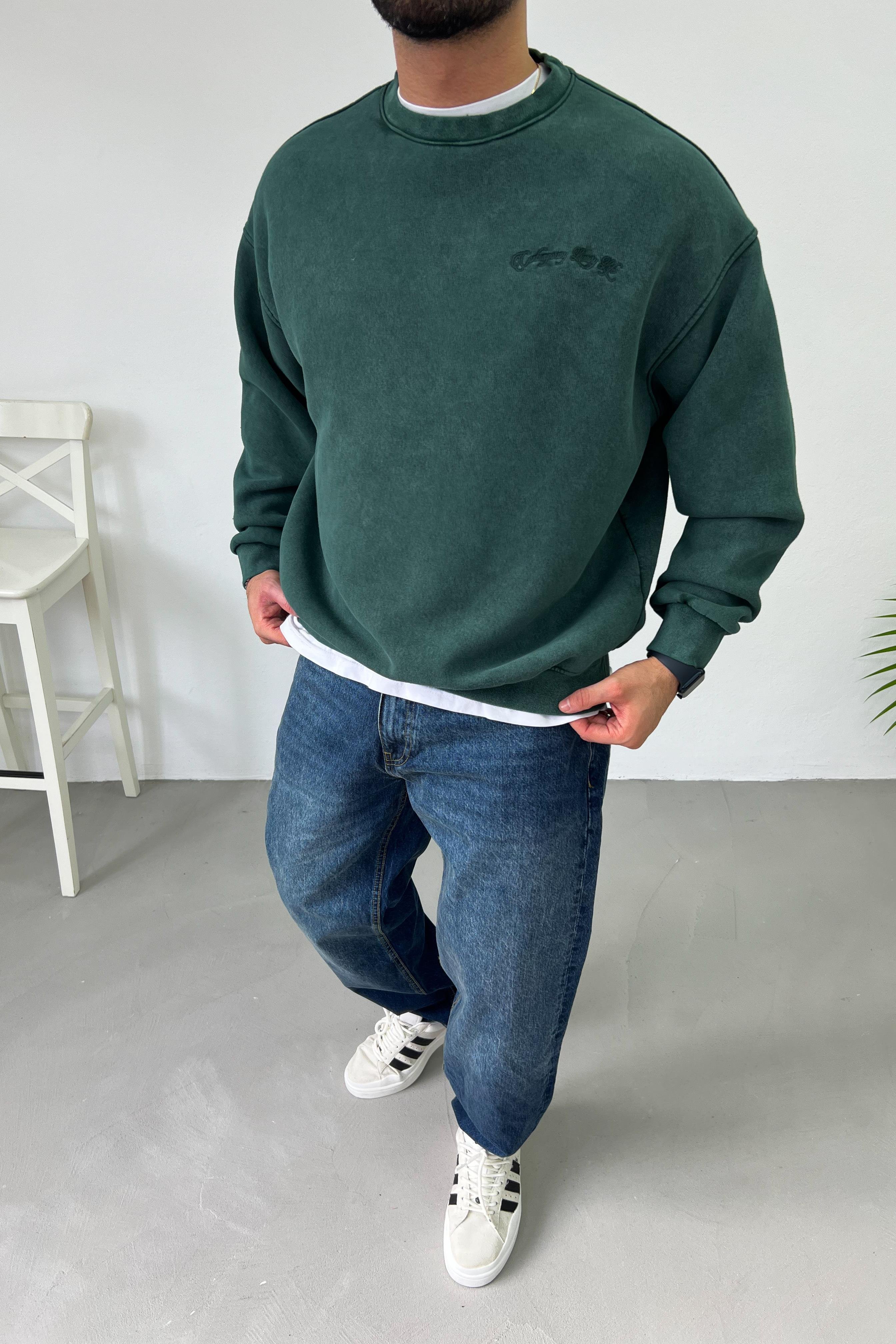 Nakış Detaylı Yıkamalı Yeşil Oversize Basic Sweatshirt 55