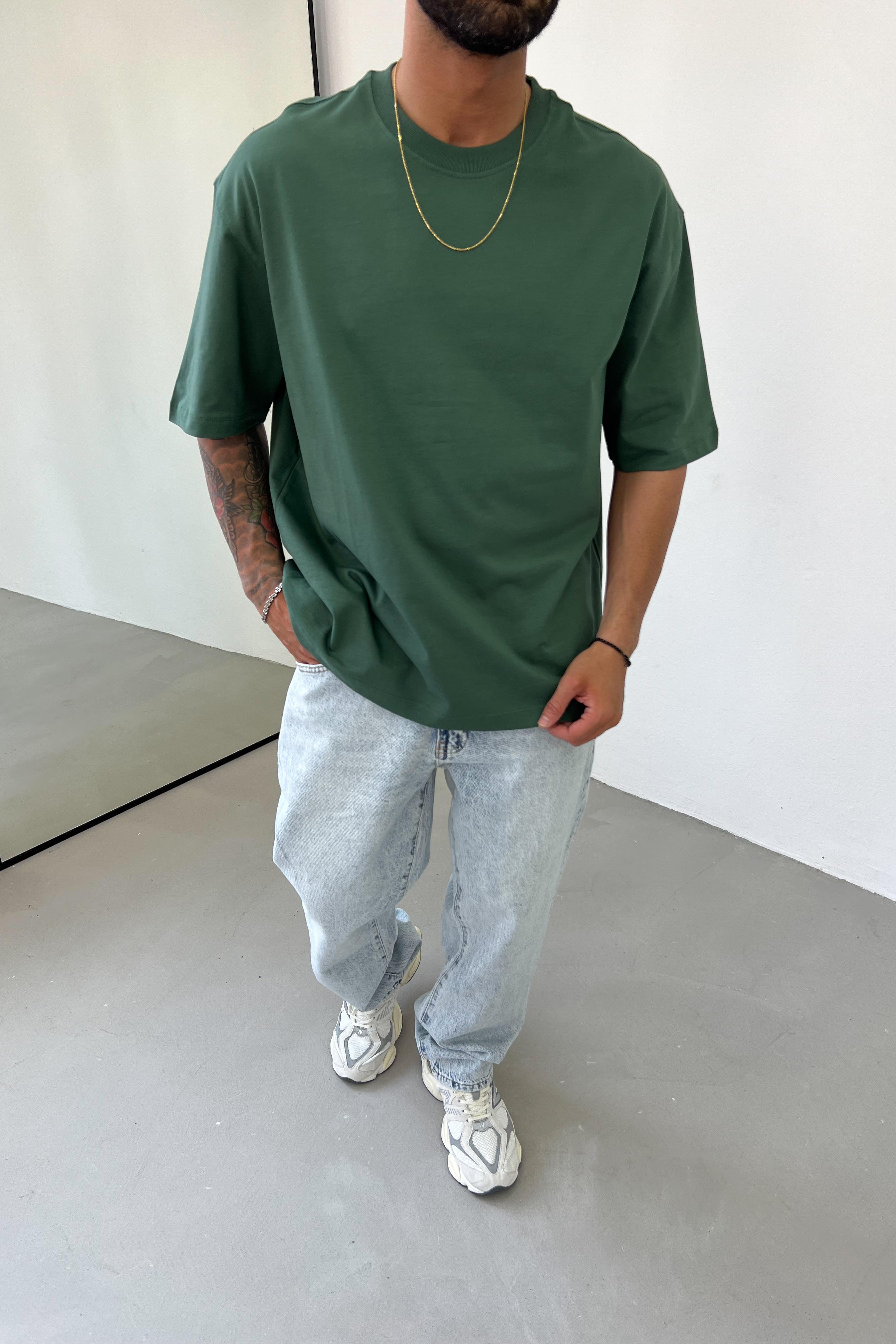 Oversize Basic Kalın Tshirt 1010 - Koyu Yeşil