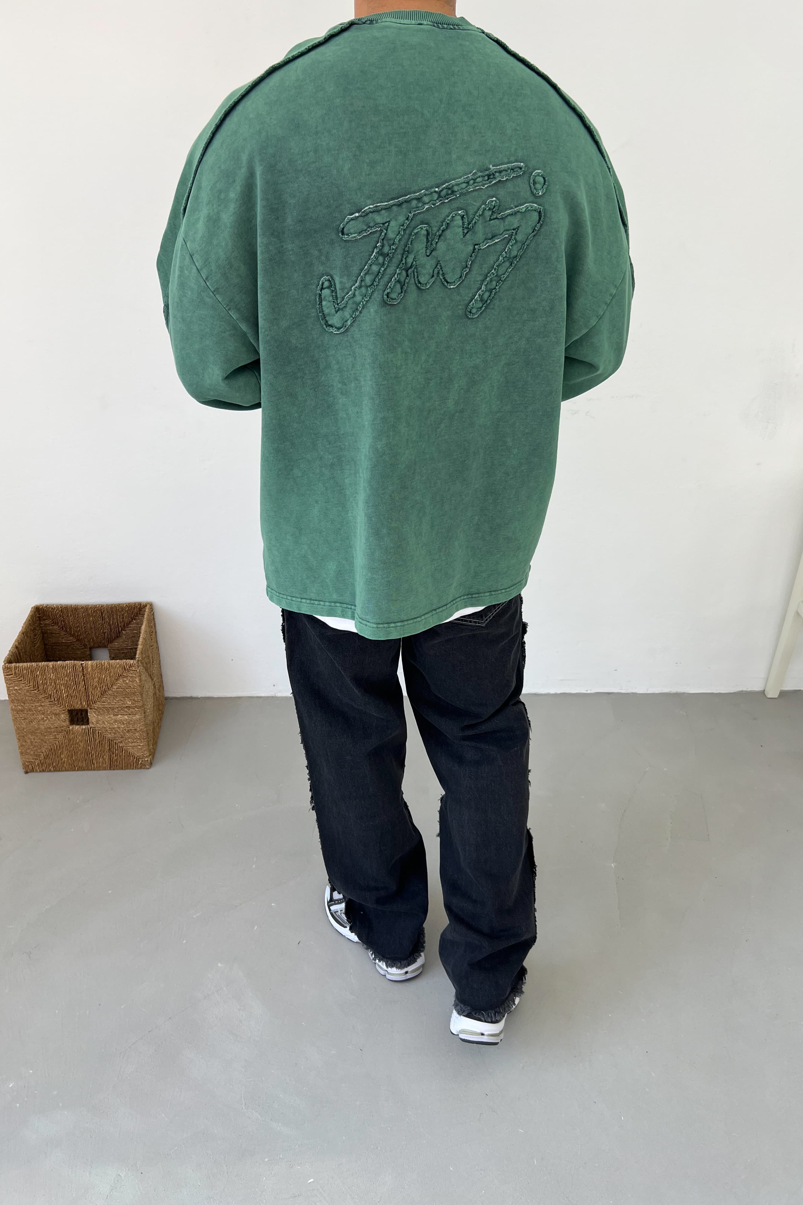 Jcy Dikiş Detaylı Yıkamalı Oversize Sweatshirt 26K113 - Yeşil
