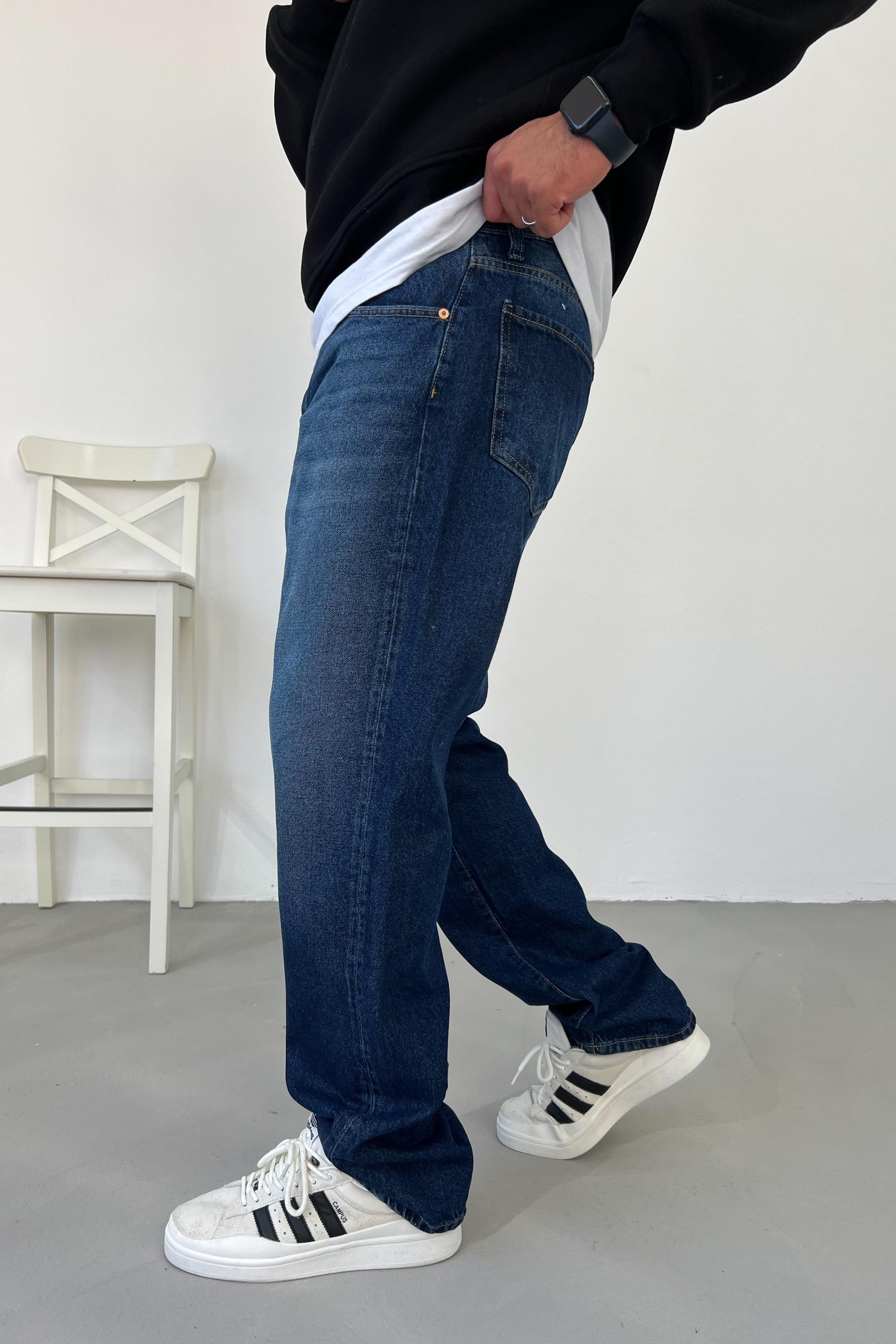Taşlamalı Koyu Mavi Baggy Pantolon 16429-3
