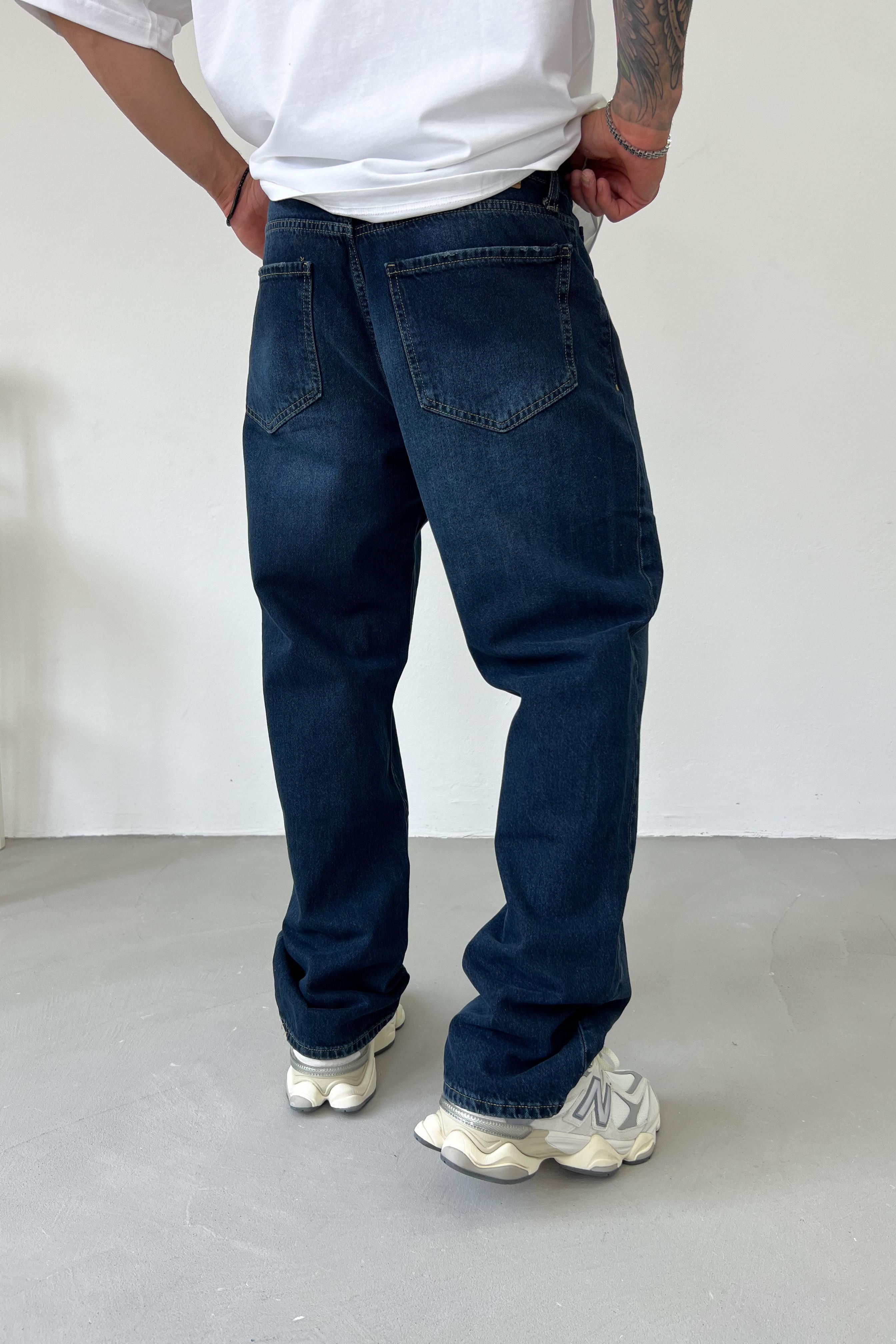 Taşlamalı Koyu Mavi Baggy Pantolon 16668-1