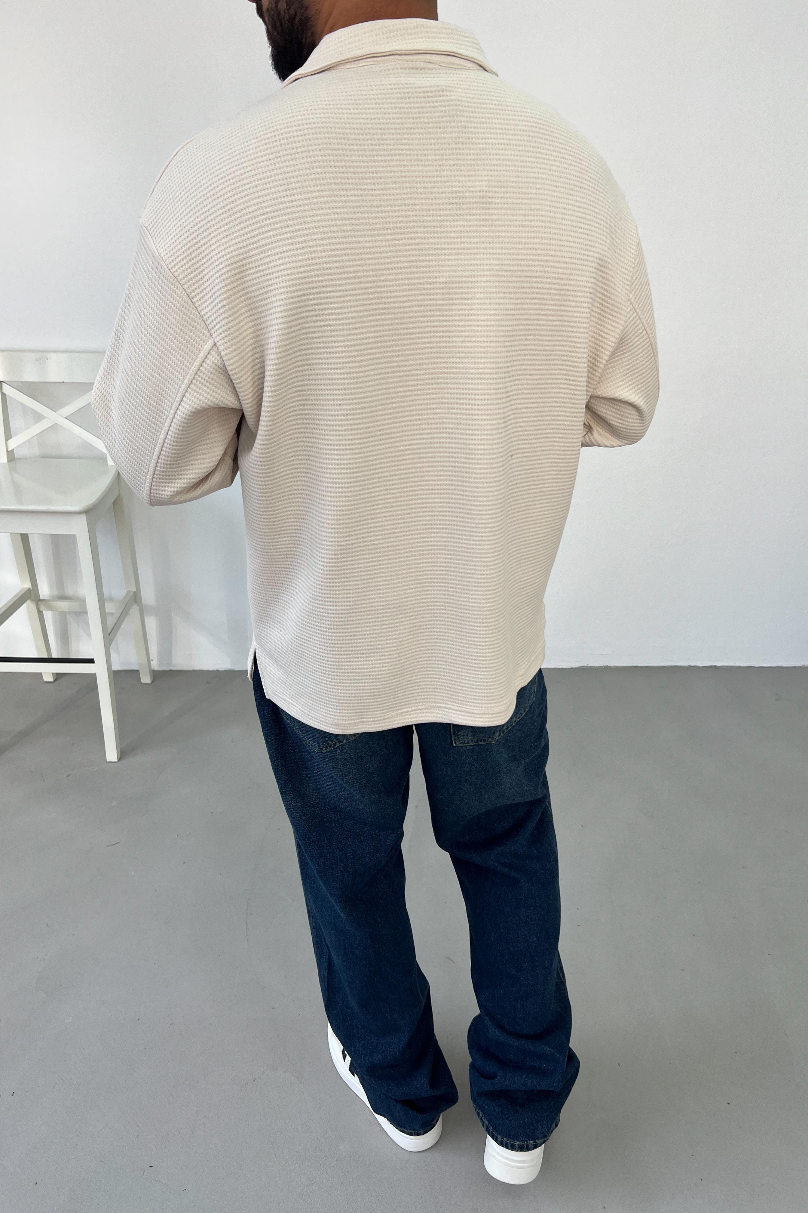 Waffle Kumaş Bej Polo Yaka Oversize Sweatshirt 1572