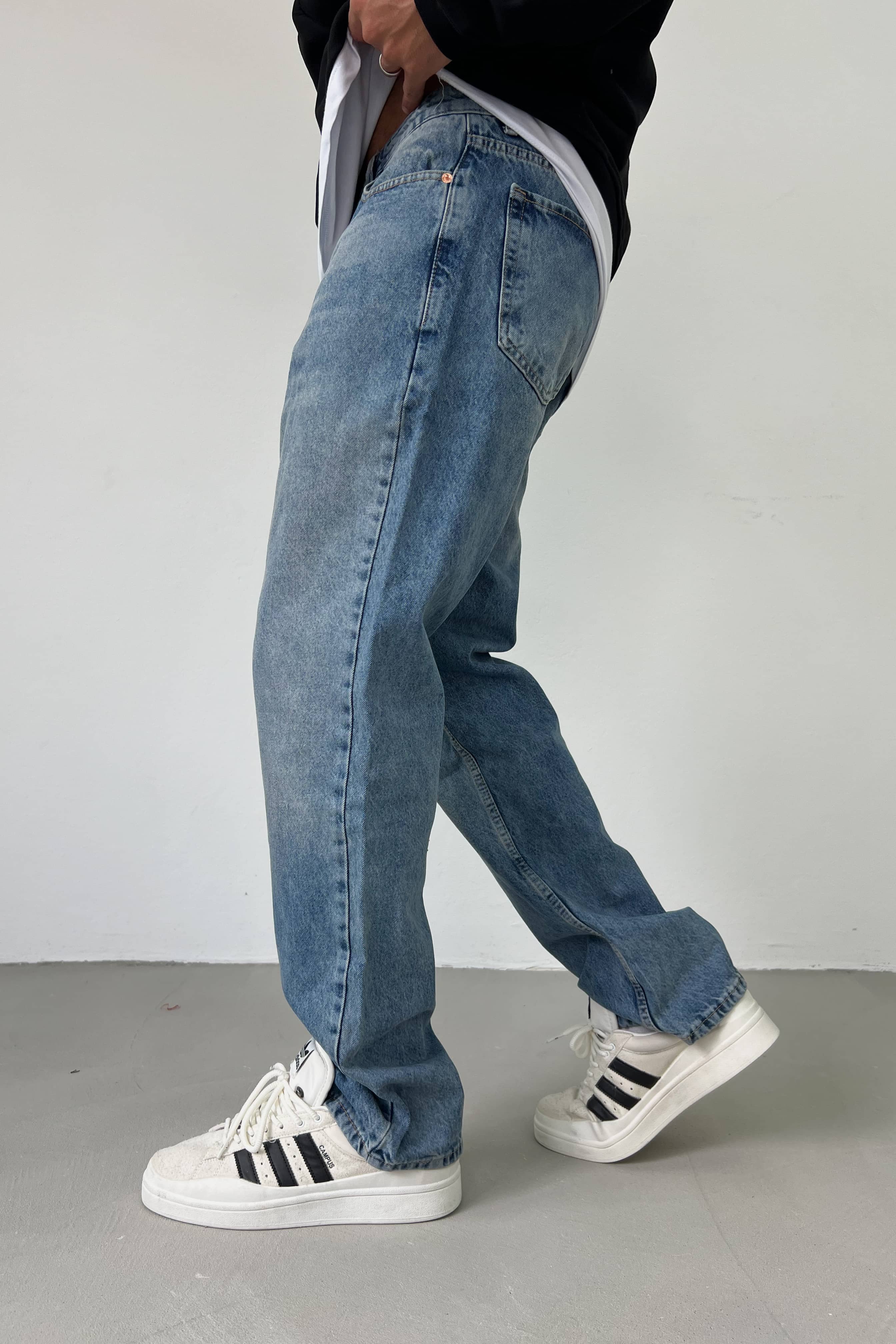 Taşlamalı Eskitme Mavi Baggy Pantolon 7358