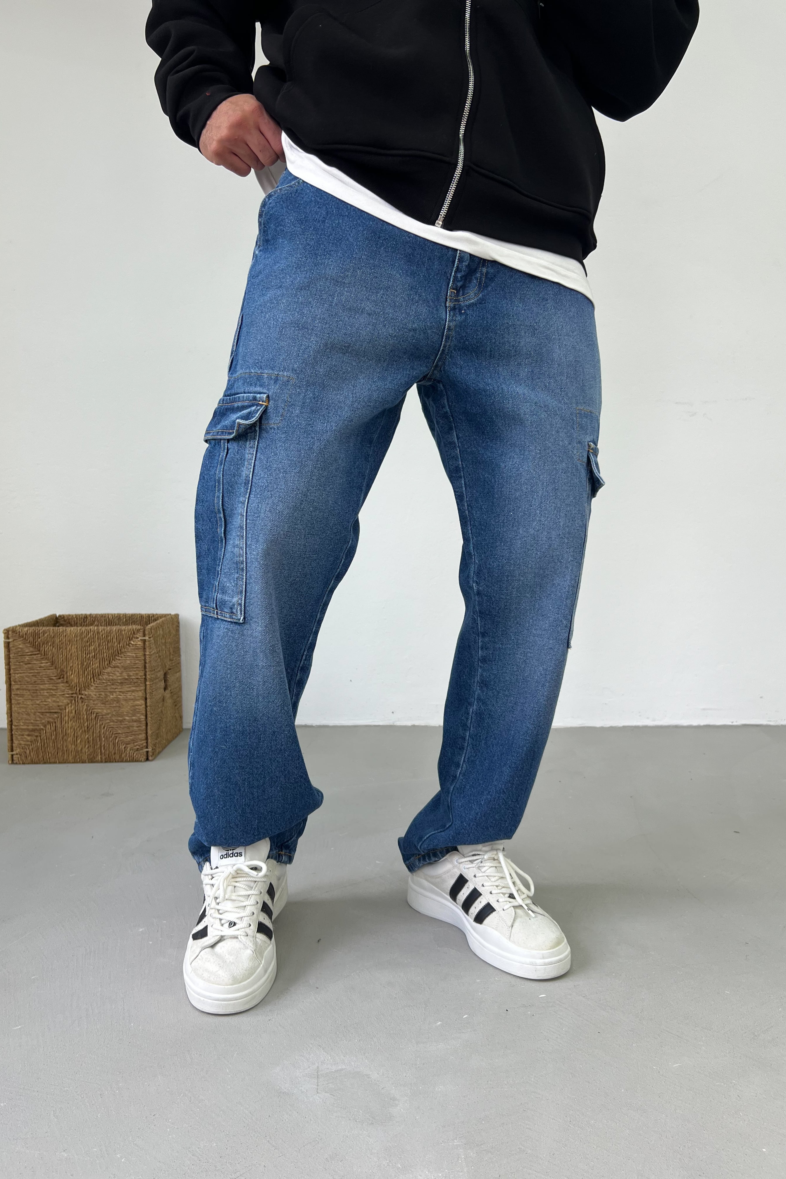 Taşlamalı Mavi Kargo Baggy Pantolon 16796-2