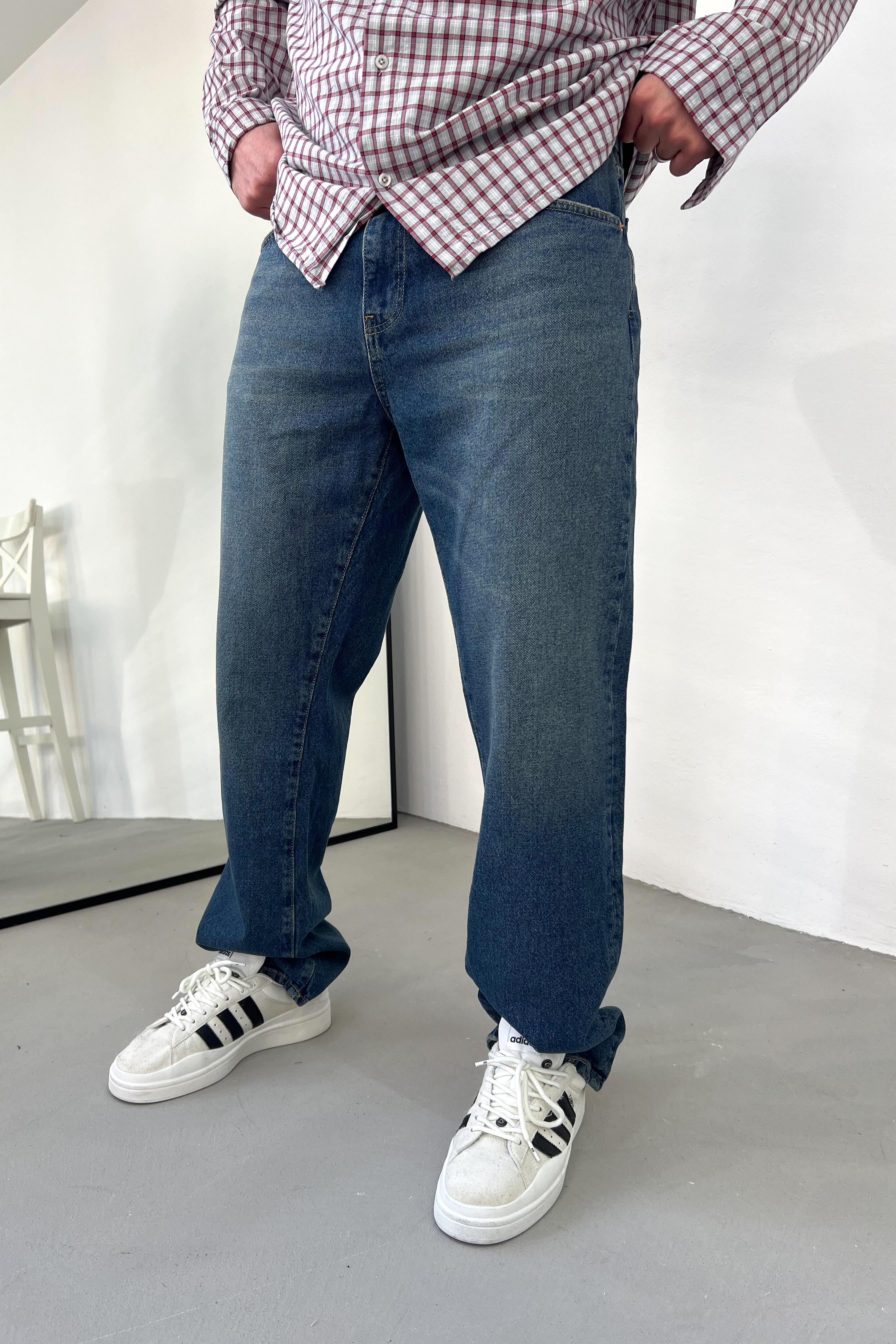 Eskitme Detaylı Mavi Baggy Pantolon 16606-STD
