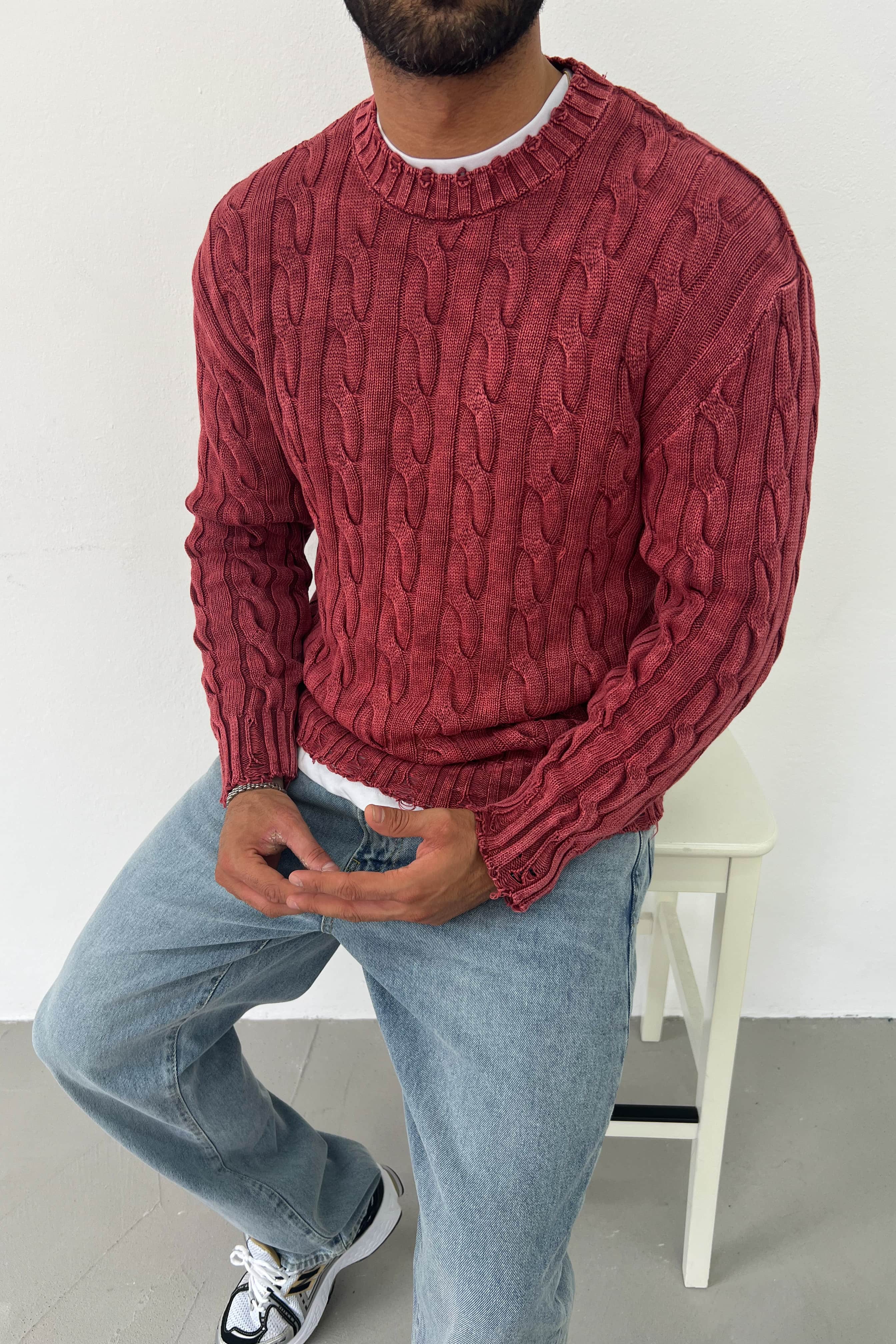 Yıkamalı Örgü Desenli Oversize Triko 2618 - Bordo