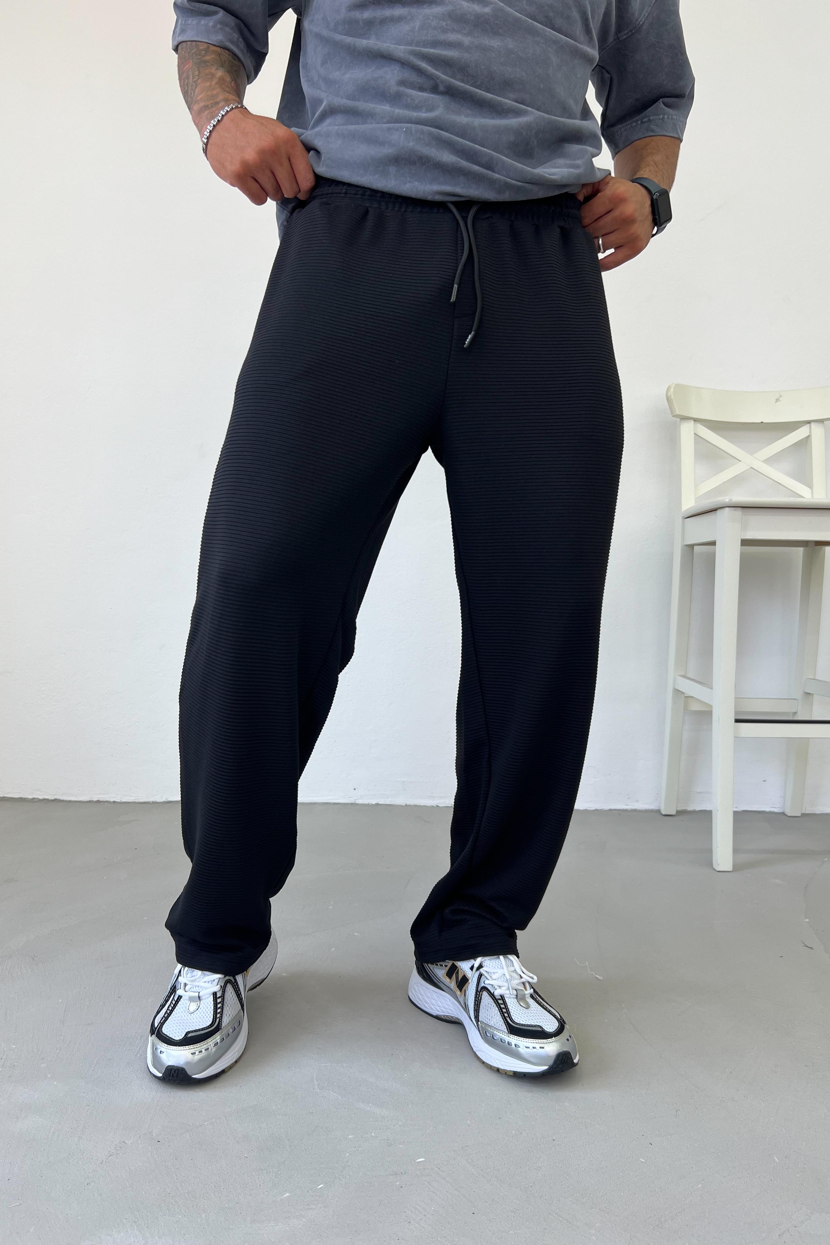Yatay Çizgili Basic Baggy Eşofman 435 - Siyah