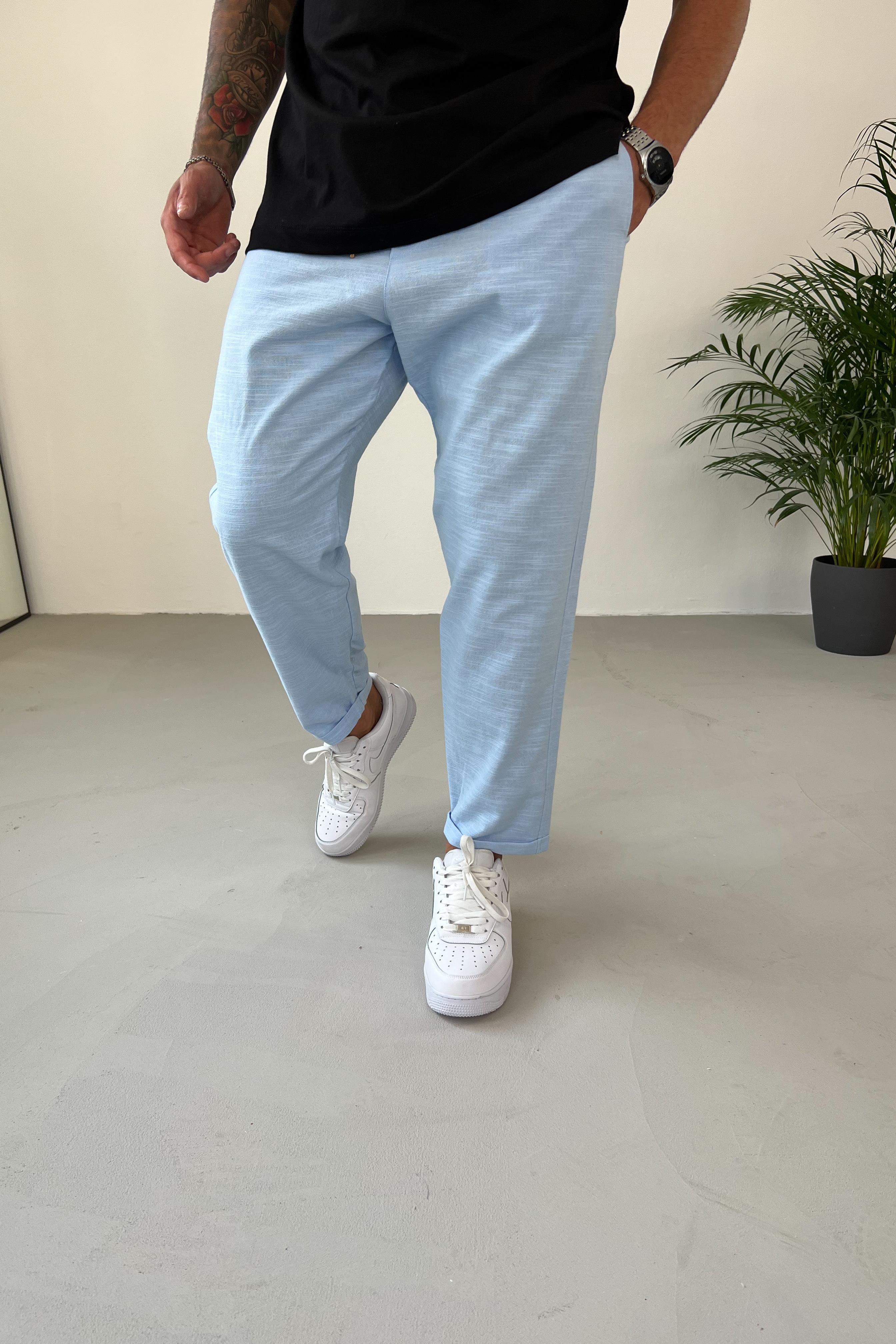 Beli Lastikli Duble Paça Bebe Mavi Keten Pantolon 4222