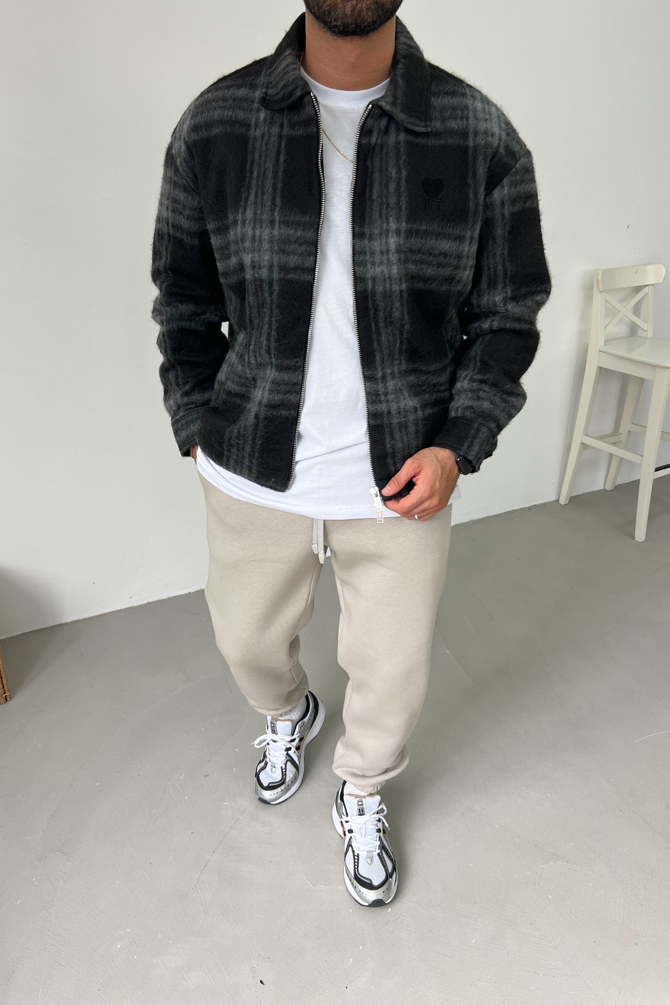 Oversize Ekose Kaşe Ceket 7030 - Siyah