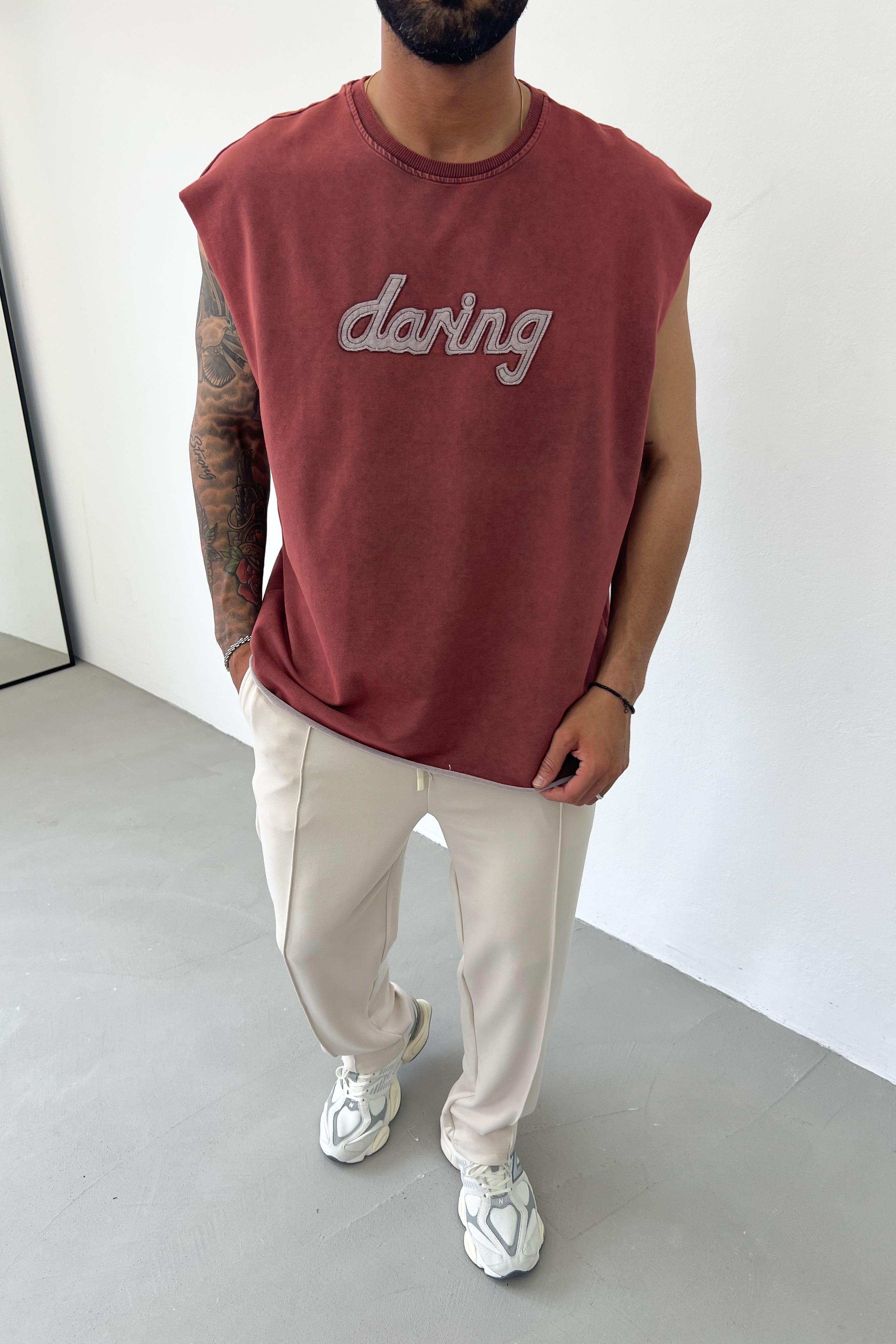 Yıkamalı Daring Nakışlı Kolsuz Oversize Tshirt 5643