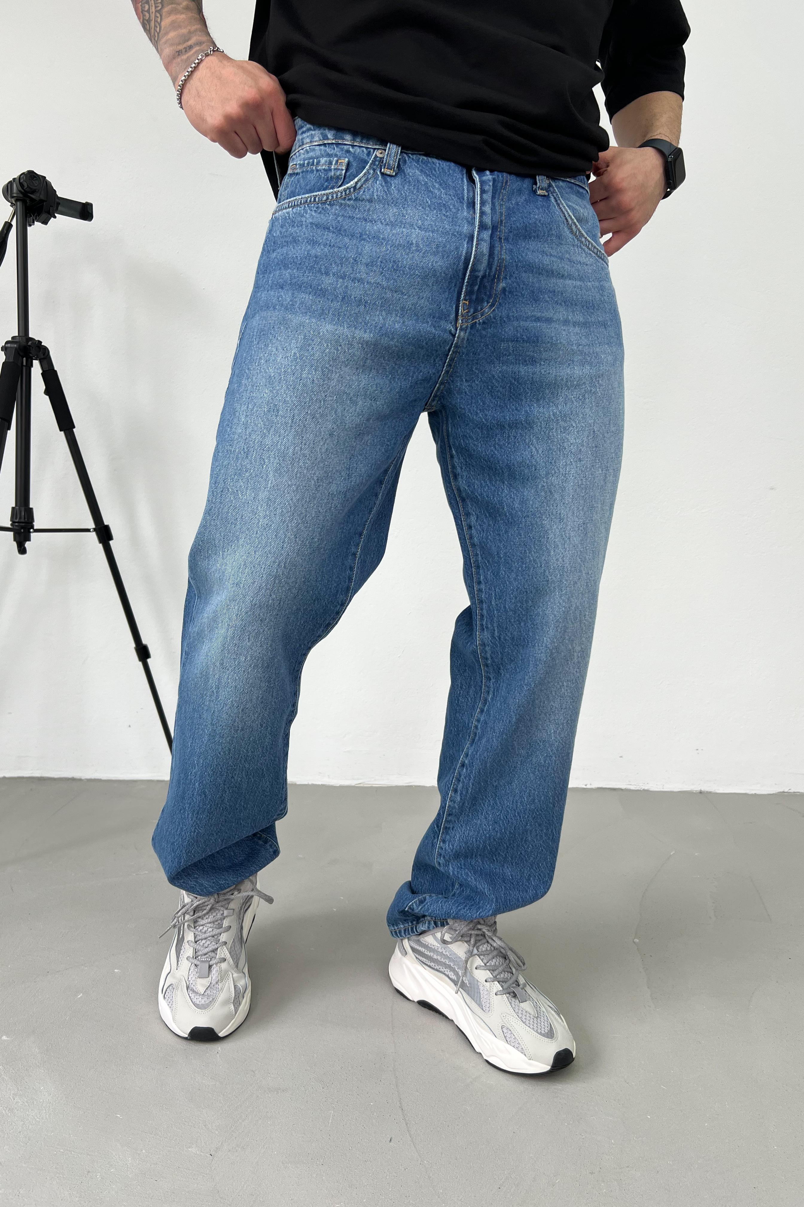 Taşlamalı Mavi Baggy Pantolo 16622-STD
