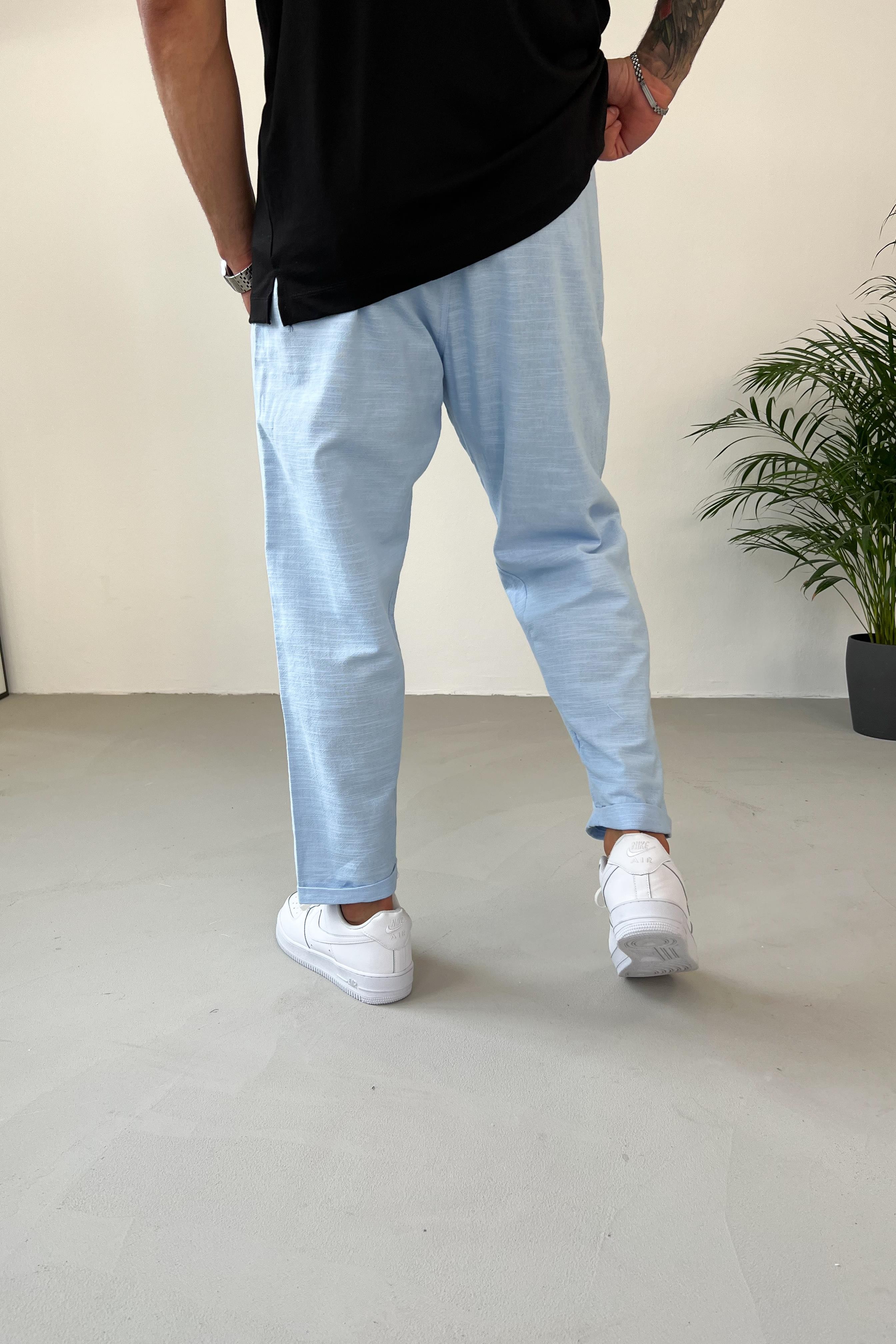 Beli Lastikli Duble Paça Bebe Mavi Keten Pantolon 4222
