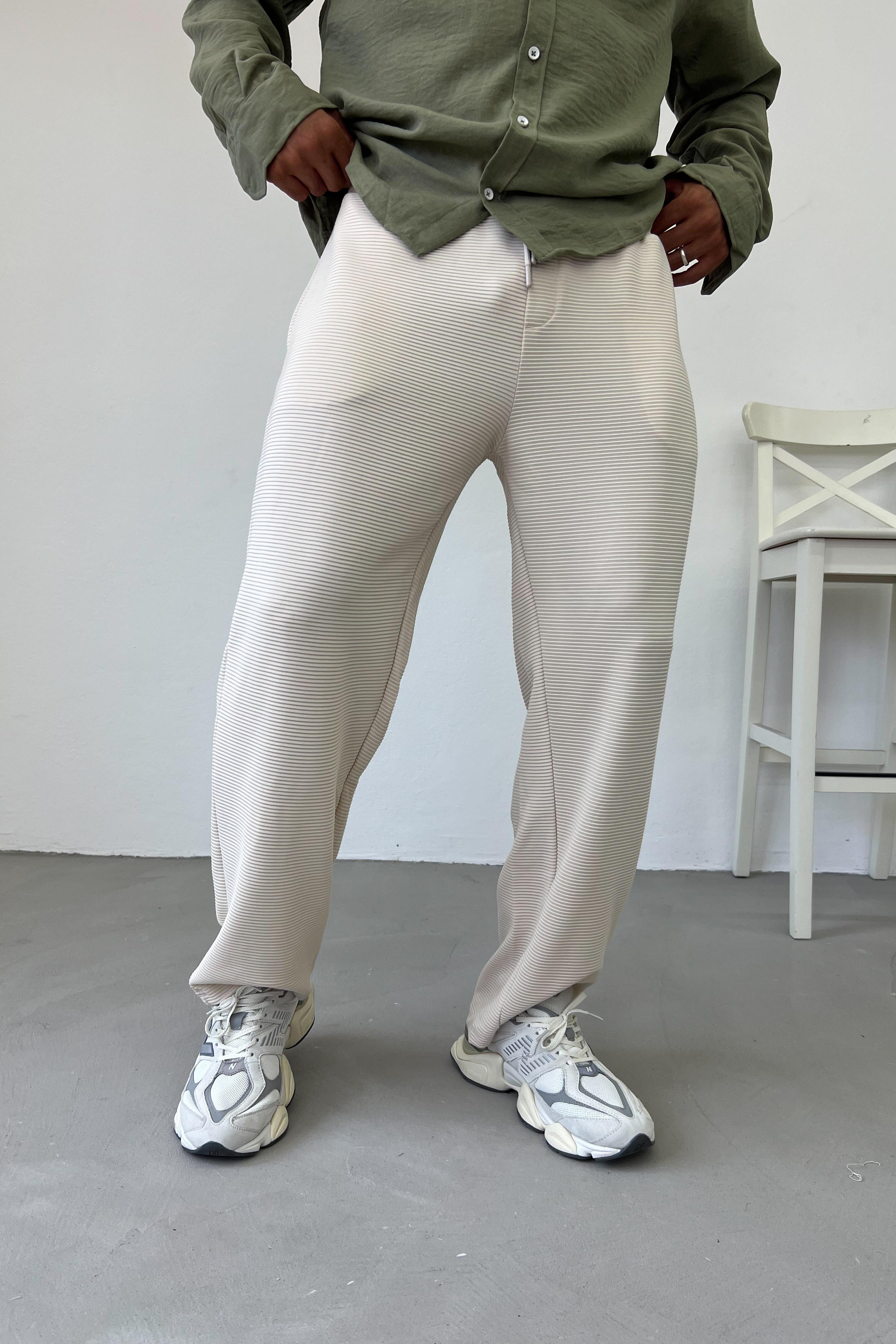 Yatay Çizgili Basic Baggy Eşofman 435 - Bej