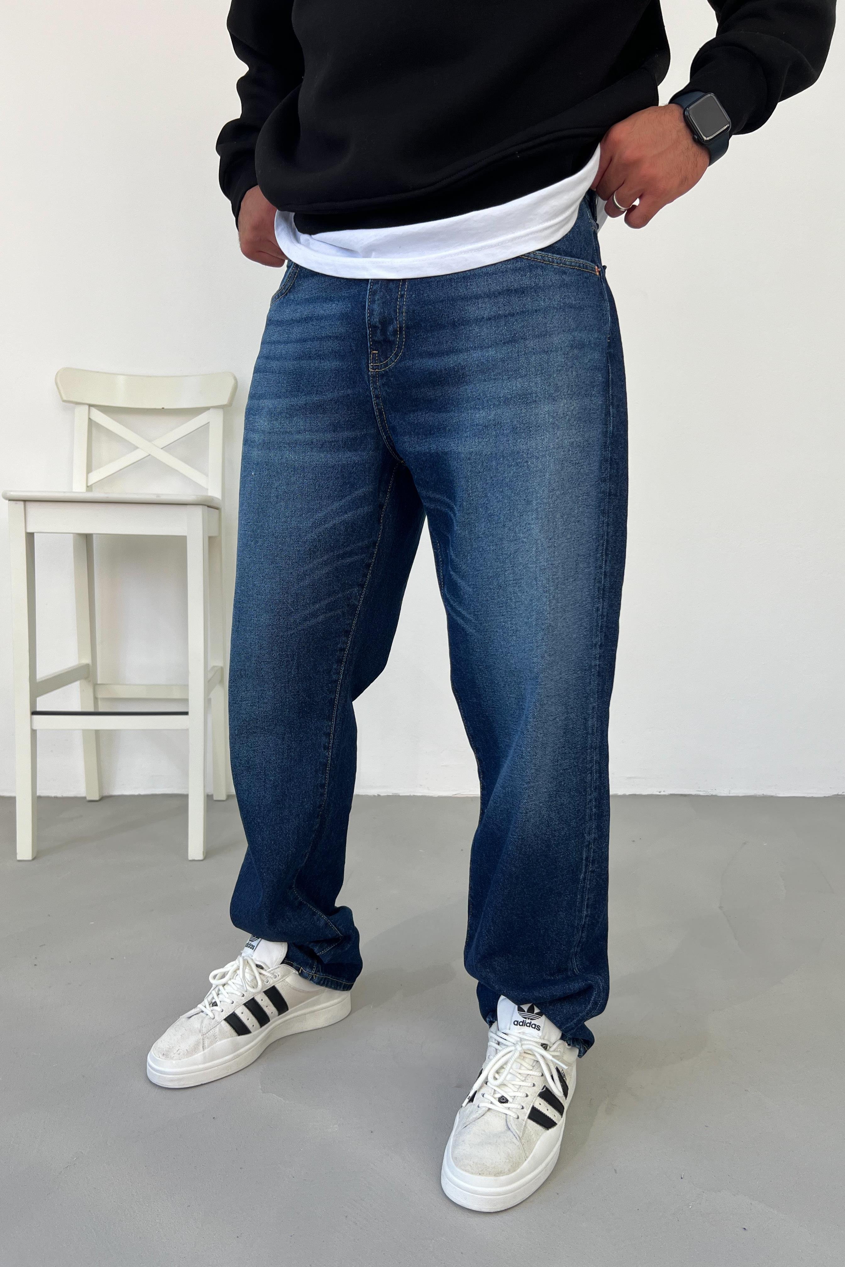 Taşlamalı Koyu Mavi Baggy Pantolon 16429-3