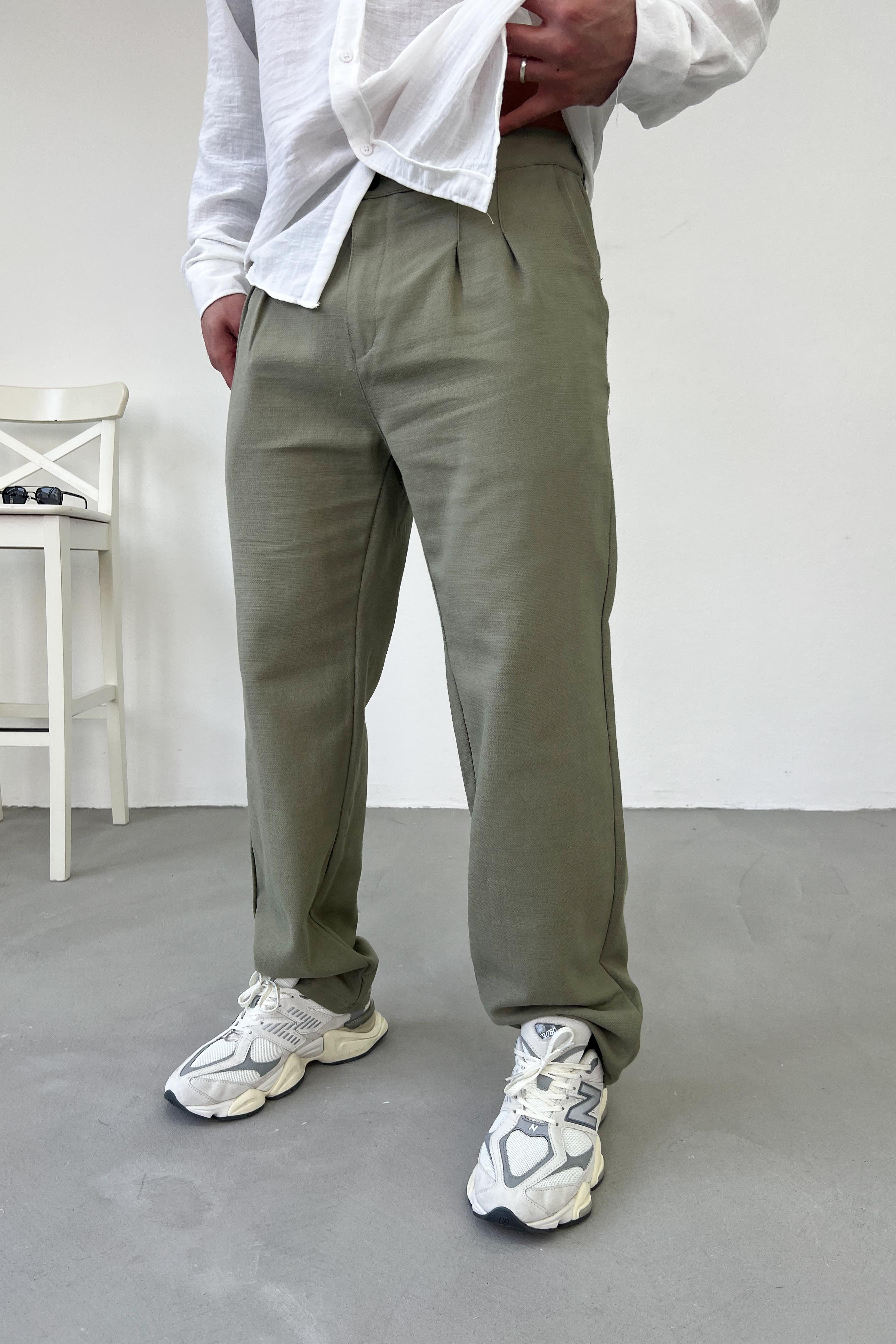 Pileli Keten Baggy Pantolon 0011 - Haki