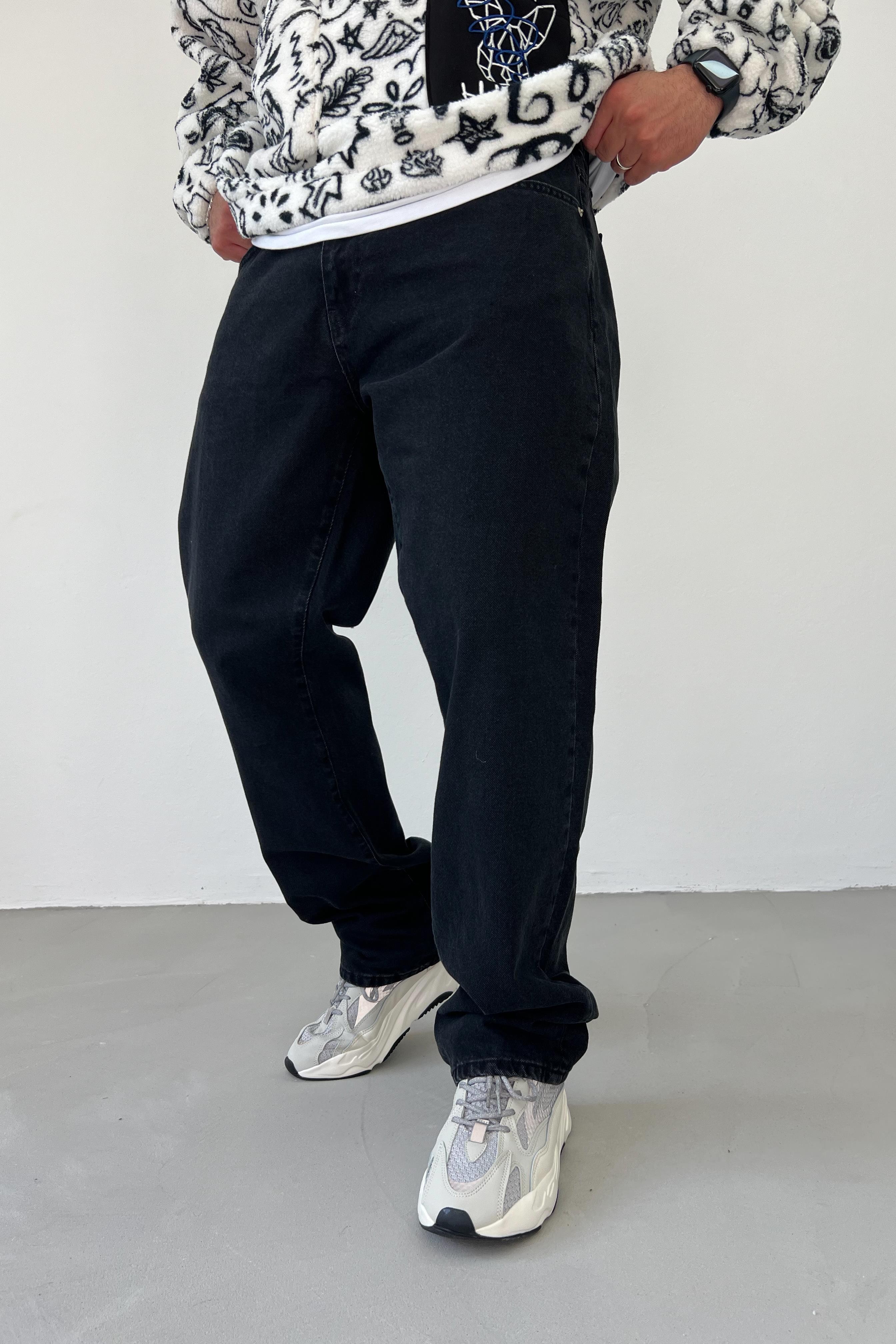 Yıkamalı Siyah Baggy Pantolon 16583-2