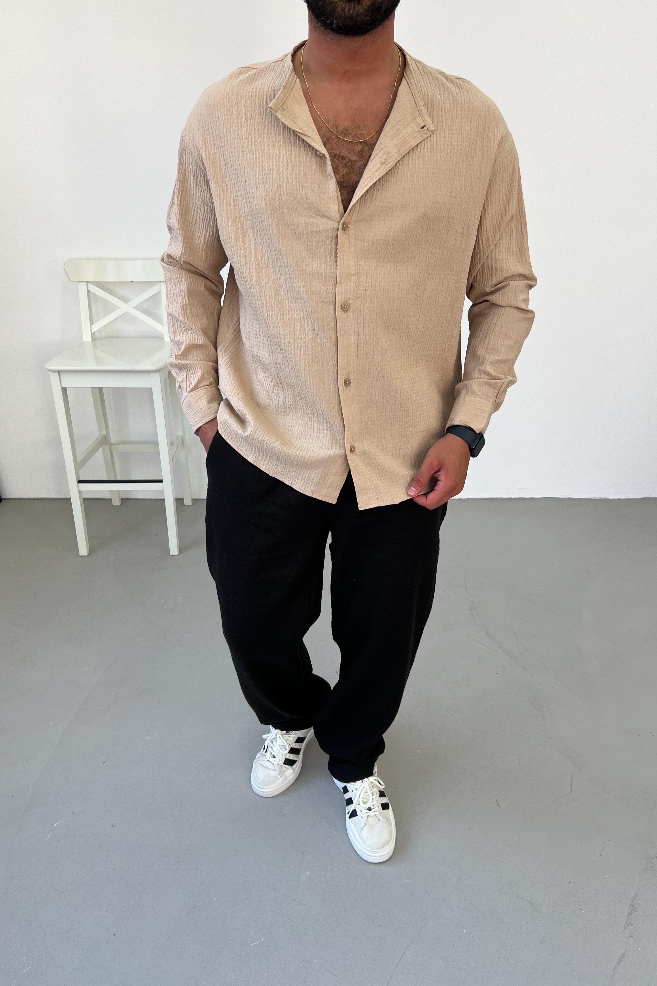 Müslin Kumaş Kahve Oversize Yakasız Gömlek 127