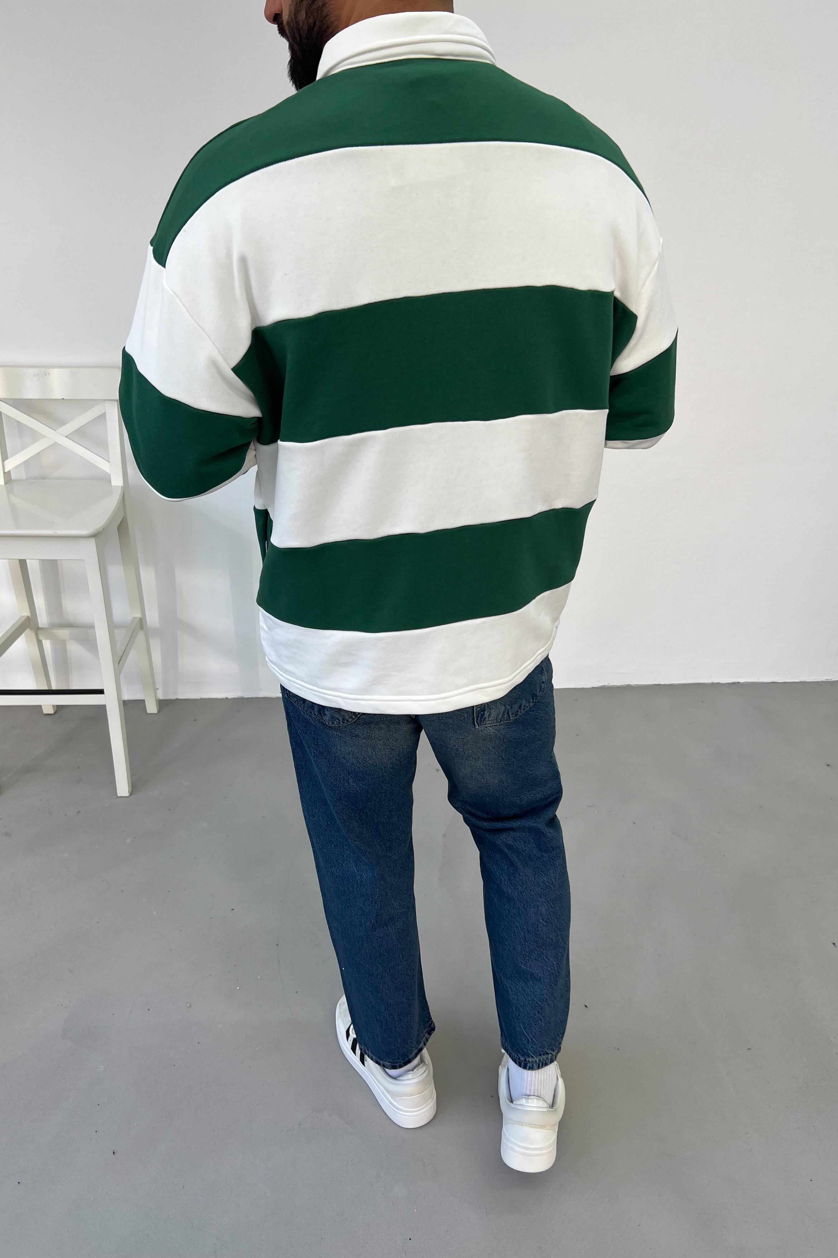 Yeşil Parçalı Polo Yaka Oversize Sweatshirt 09