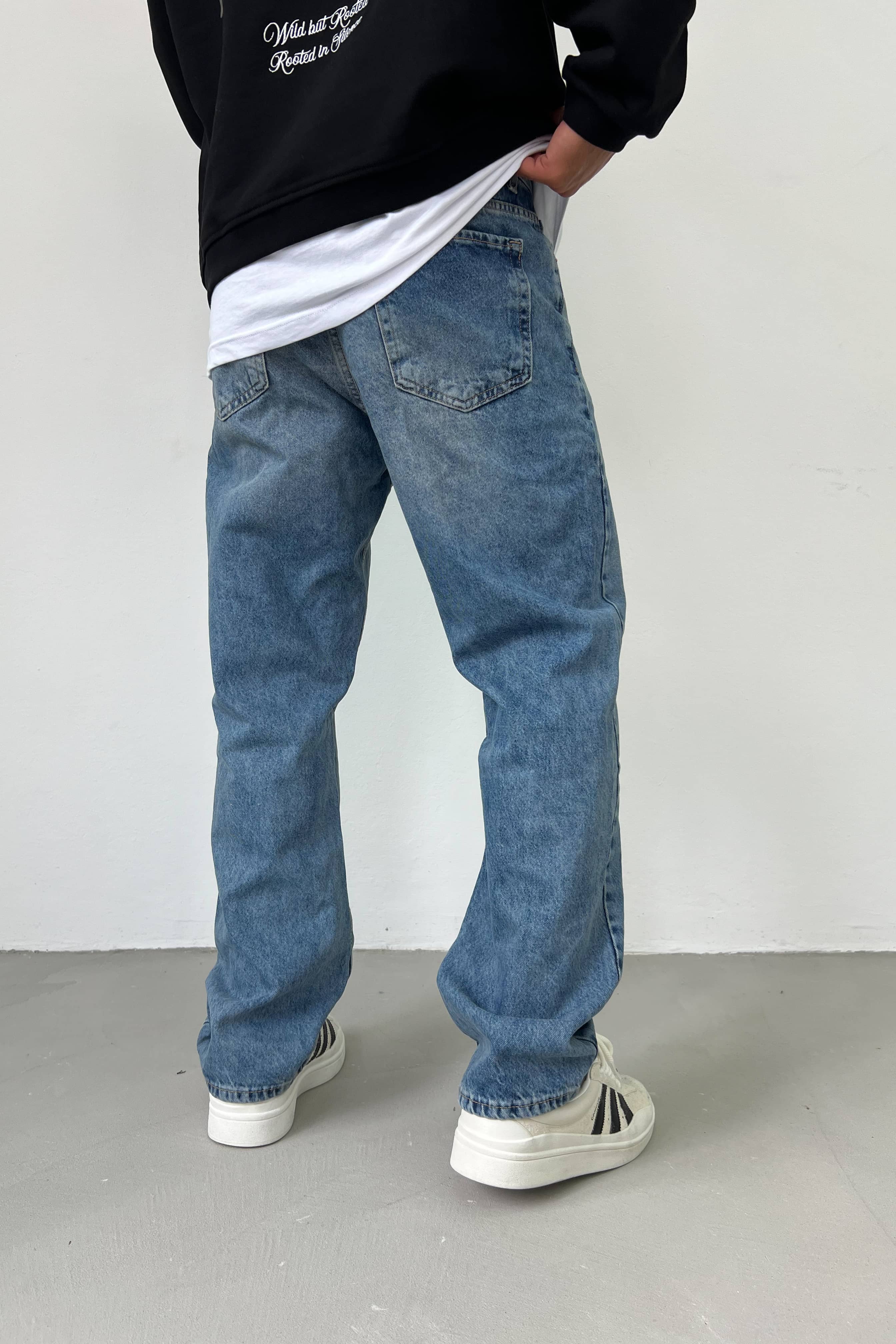 Taşlamalı Eskitme Mavi Baggy Pantolon 7358