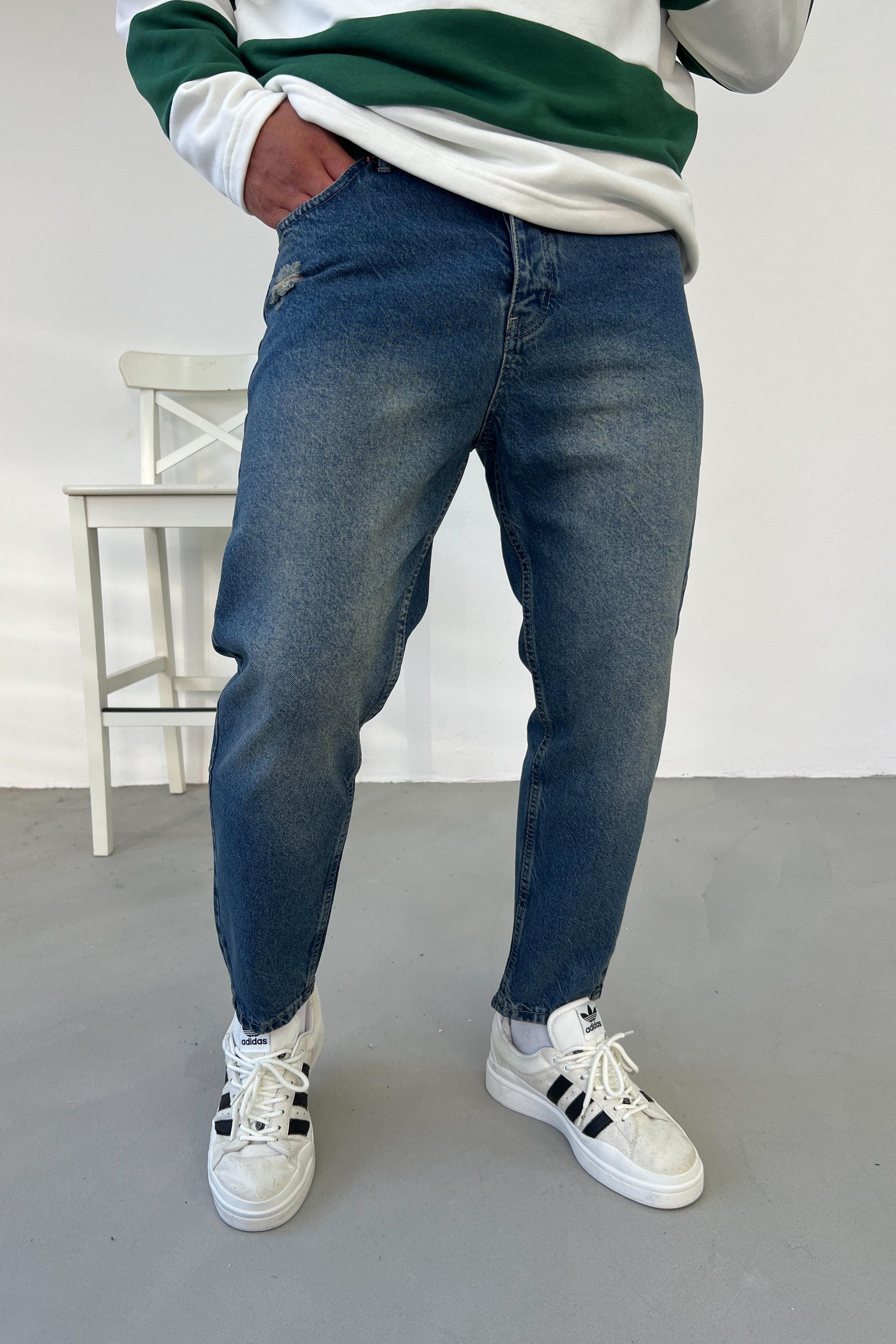 Yırtık Detaylı Eskitme Mavi Boyriend Pantolon 2306-2