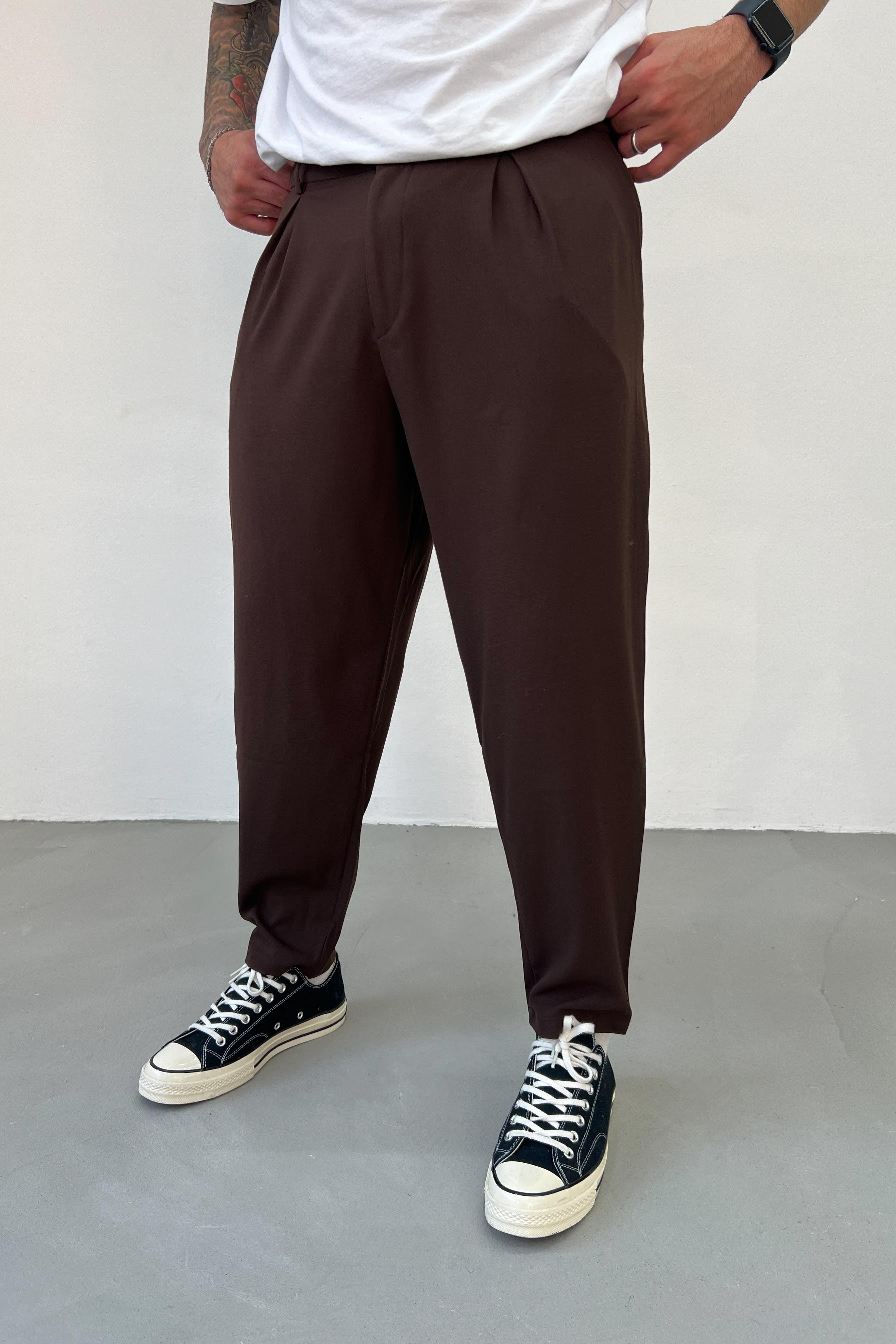 Pileli Kahve Boyfriend Kumaş Pantolon 5029